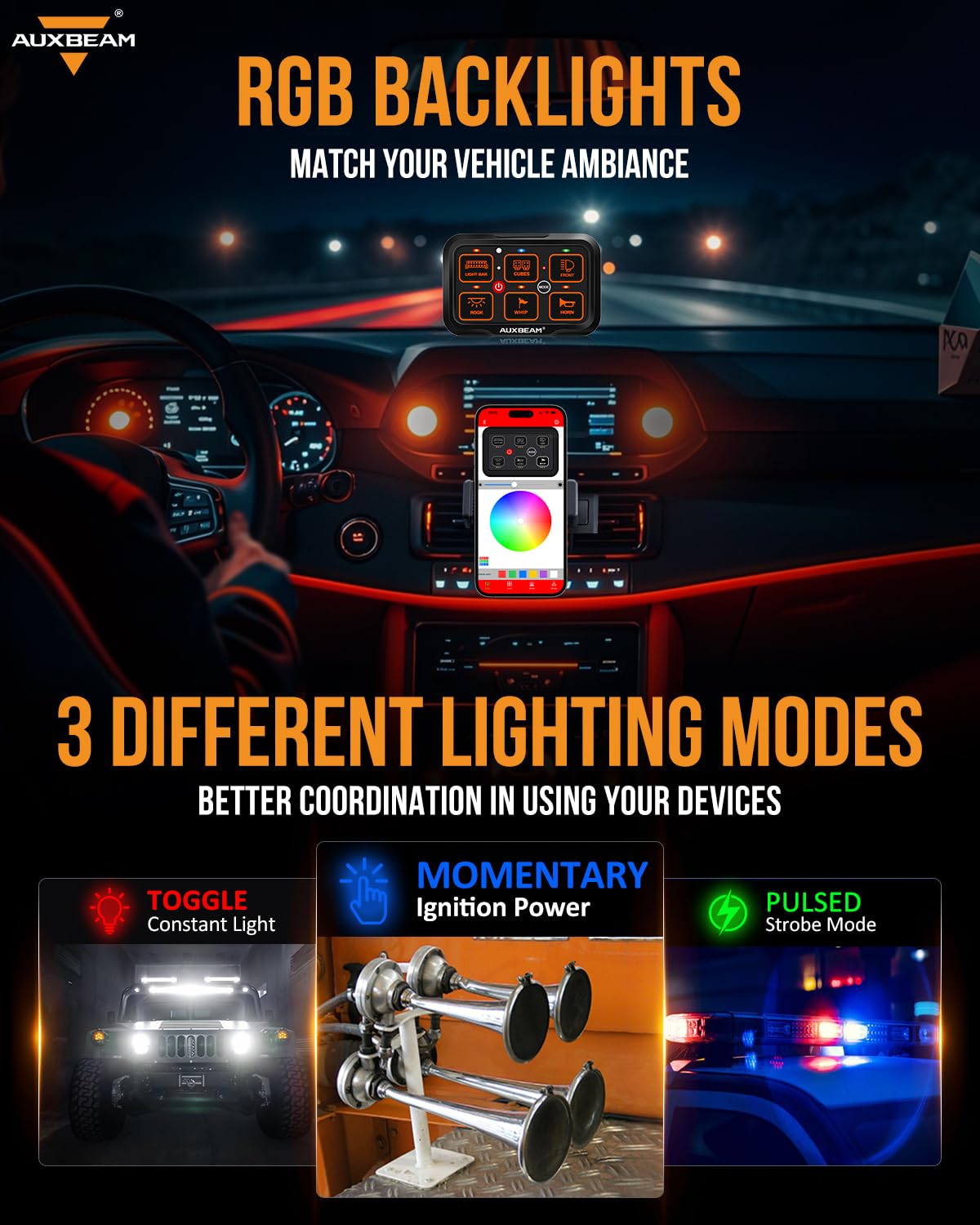Auxbeam 6 Gang Switch Panel Bluetooth RGB AR-600 - Waterproof Toggle & Momentary Pulsed Modes - Multifunctional Manual/Automatic Backlit Control for Truck, Car, ATV & Boat - Perfect for Off-Roading, Marine & Custom Vehicle Lighting Upgrades