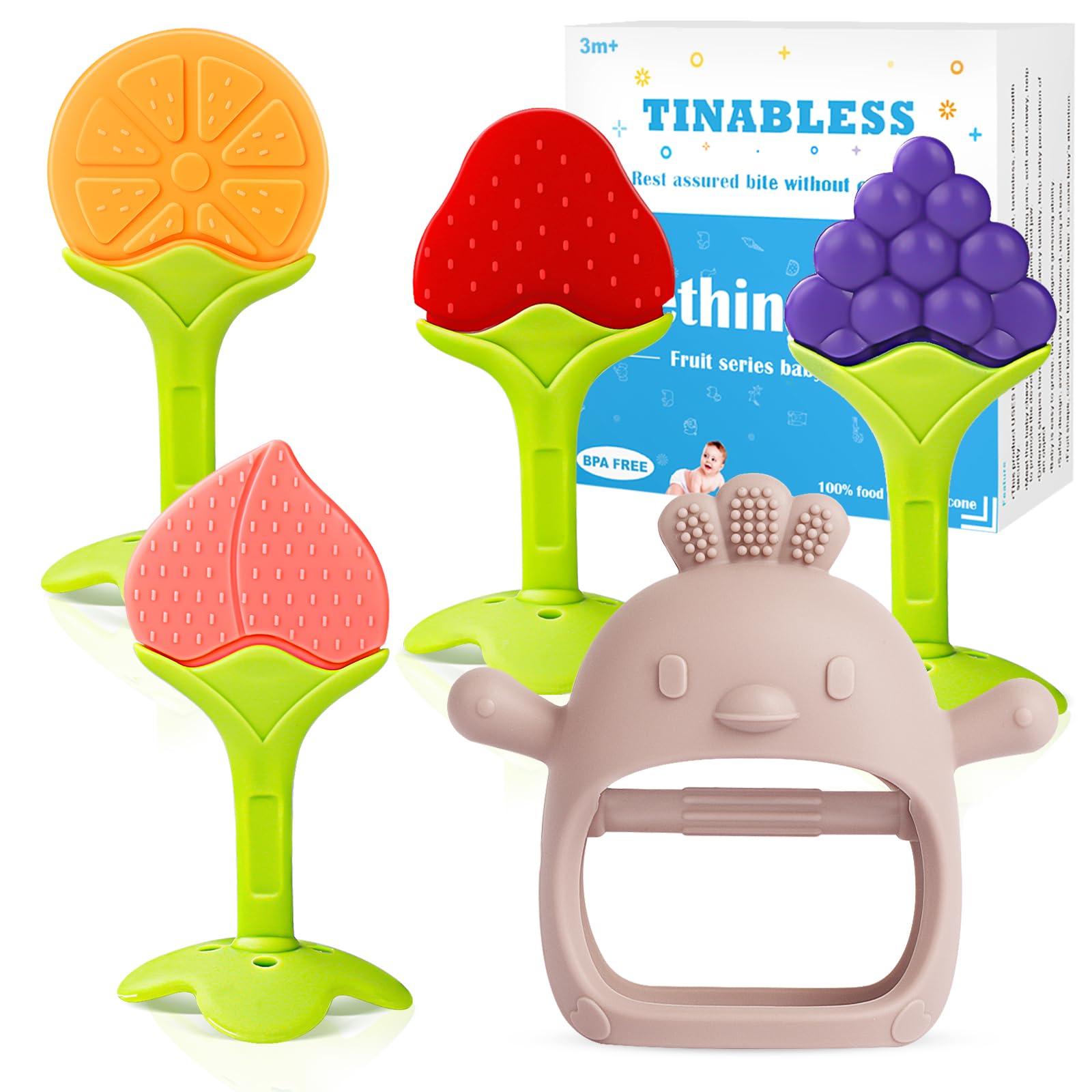 Tinabless 5-Pack Silicone Teething Toys for Babies - Food Grade, Anti-Dropping Wrist Teether Mitten Set, Pink Infant Chew Toys for Teething Relief & Sucking Needs - Perfect for Home, Travel, and On-the-Go Use