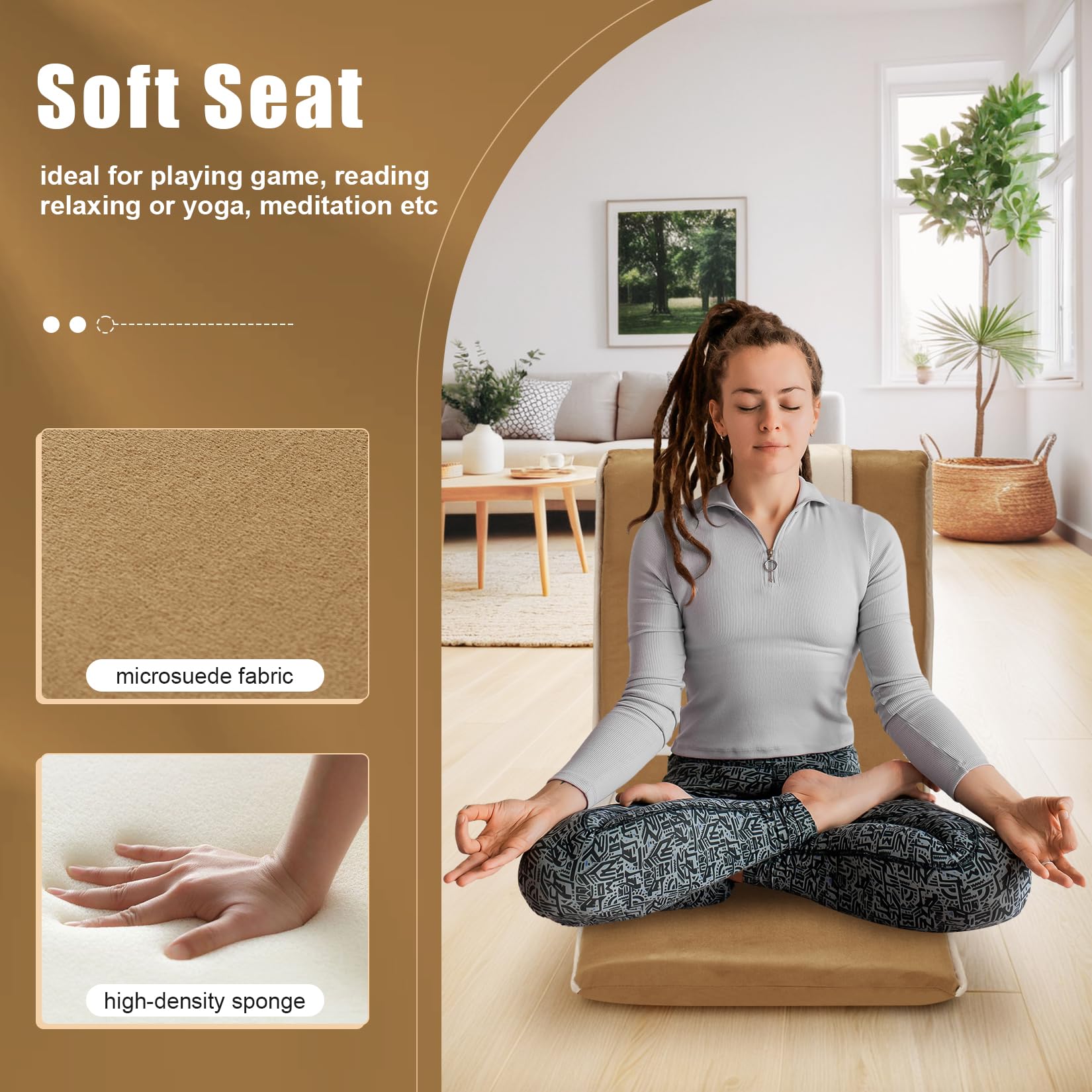 Adjustable Meditation Floor Chair with Back Support - 6 Position Padded Seat in Soft Microsuede Fabric - Perfect for Yoga, Reading & Relaxing in Living Room, Bedroom or Coffee Shop