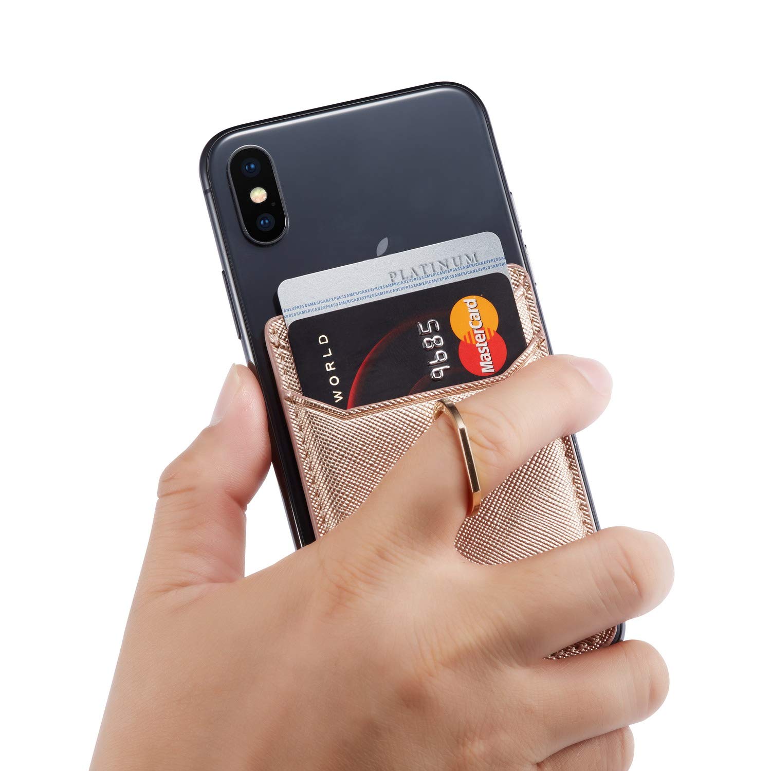 RFID Phone Card Holder - Rose Gold Pu Leather for iPhone & Android - Wallet & Stand for Daily Use