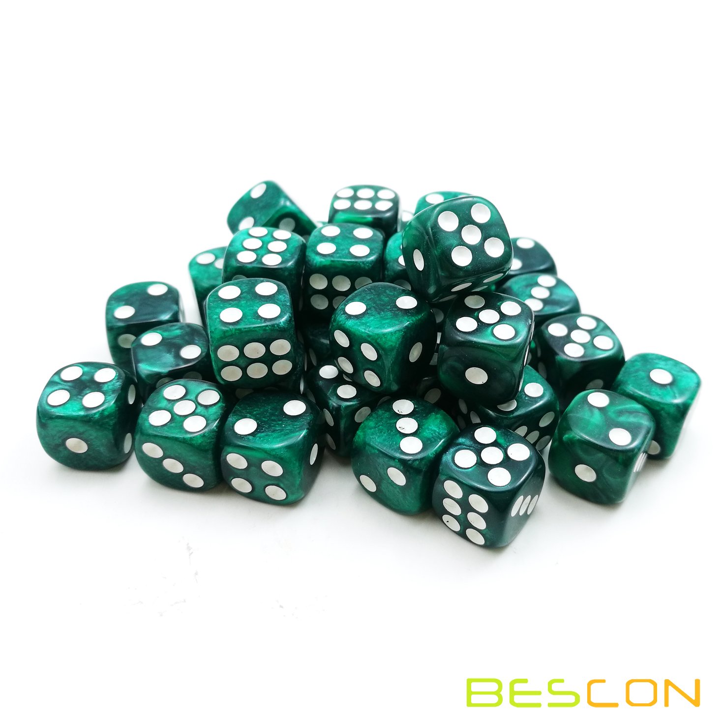 Bescon 12mm Six-Sided Dice Set - 36 Marble Green D6 Dice in Brick Box | Perfect for Board Games, RPGs, Math Education & Casino Night