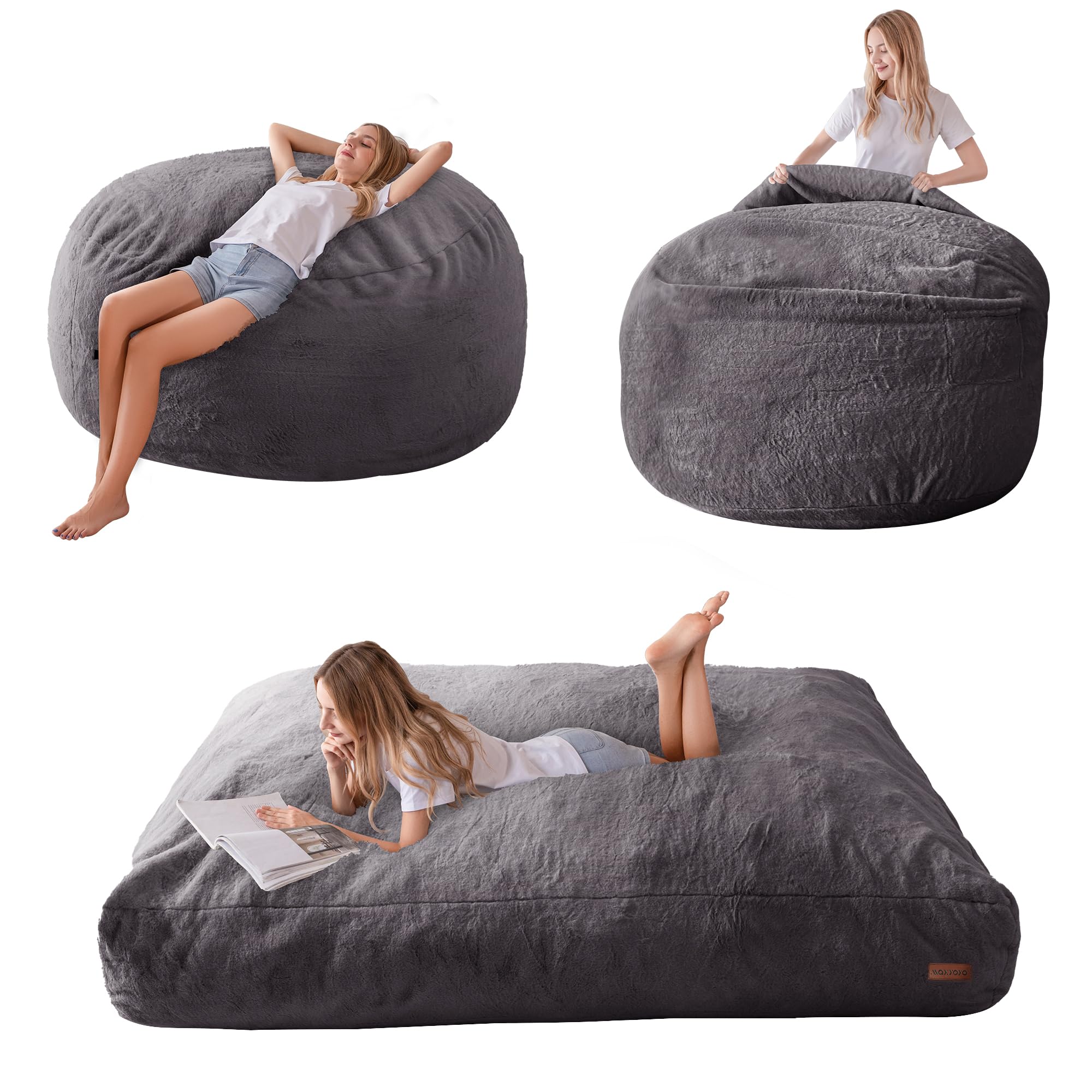 MAXYOYO Giant Faux Fur Bean Bag Chair - Convertible to Floor Mattress Bed | Dark Grey | Ultra Soft Lounge Chair for Living Room, Bedroom & Dorm | Perfect for Relaxing, Gaming & Sleepovers