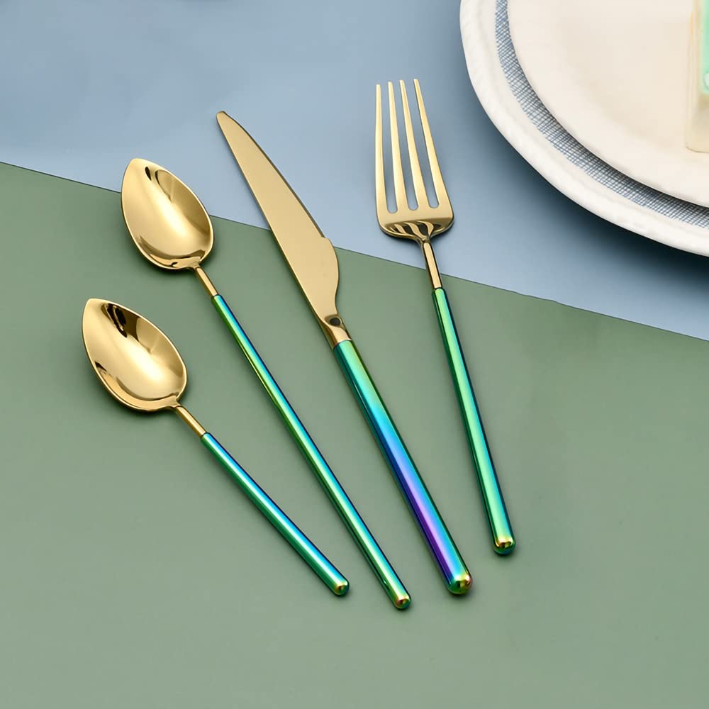 24-Piece Rainbow Silverware Set - 18/10 Stainless Steel Colorful Flatware Set for 6 People, Iridescent Titanium-Plated Tableware Cutlery Set - Dishwasher Safe (24pcs) - Perfect for Parties, Weddings, Restaurants & Colorful Dining Decor