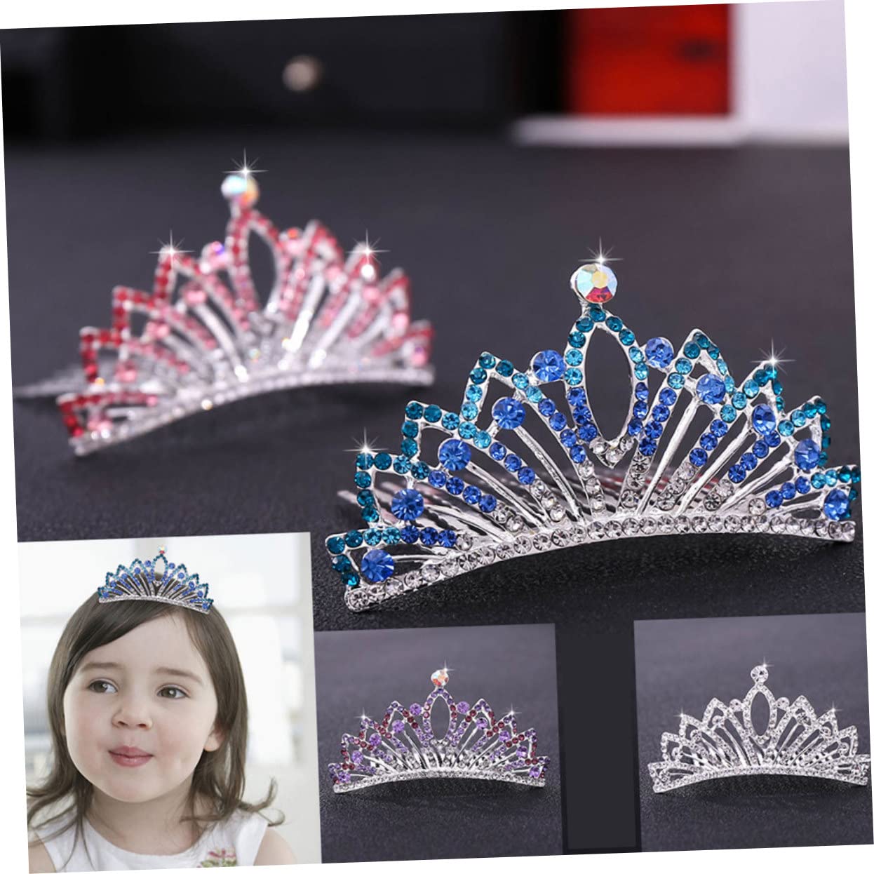 4 Pcs Girl's Birthday Tiara Set - Wedding Bridal Tiara, Bridesmaid Tiara Comb, Crystal Headpiece Crown for Kids & Children - Perfect for Birthday Parties, Weddings, Photo Shoots & Princess Dress Up
