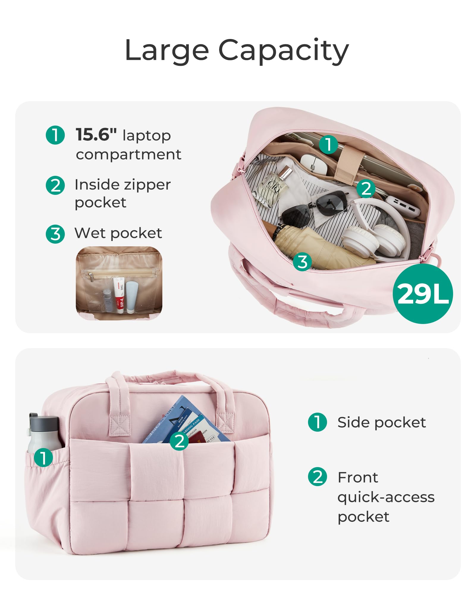 BAGSMART 29L Puffer Gym Bag for Women - Waterproof Duffle Travel Bag with Laptop Compartment, Weekender Carry On Bag for Workout, Yoga, Travel & Gym - Perfect as Personal Item Bag for Airplane