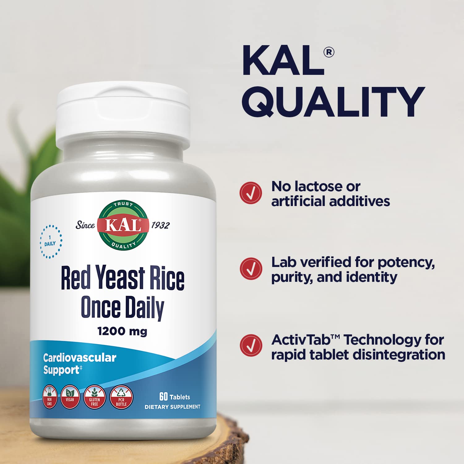 KAL 1200 Mg Red Yeast Rice Supplement - 60 Capsules for Cholesterol Support & Heart Health | Natural Cardiovascular Wellness Aid