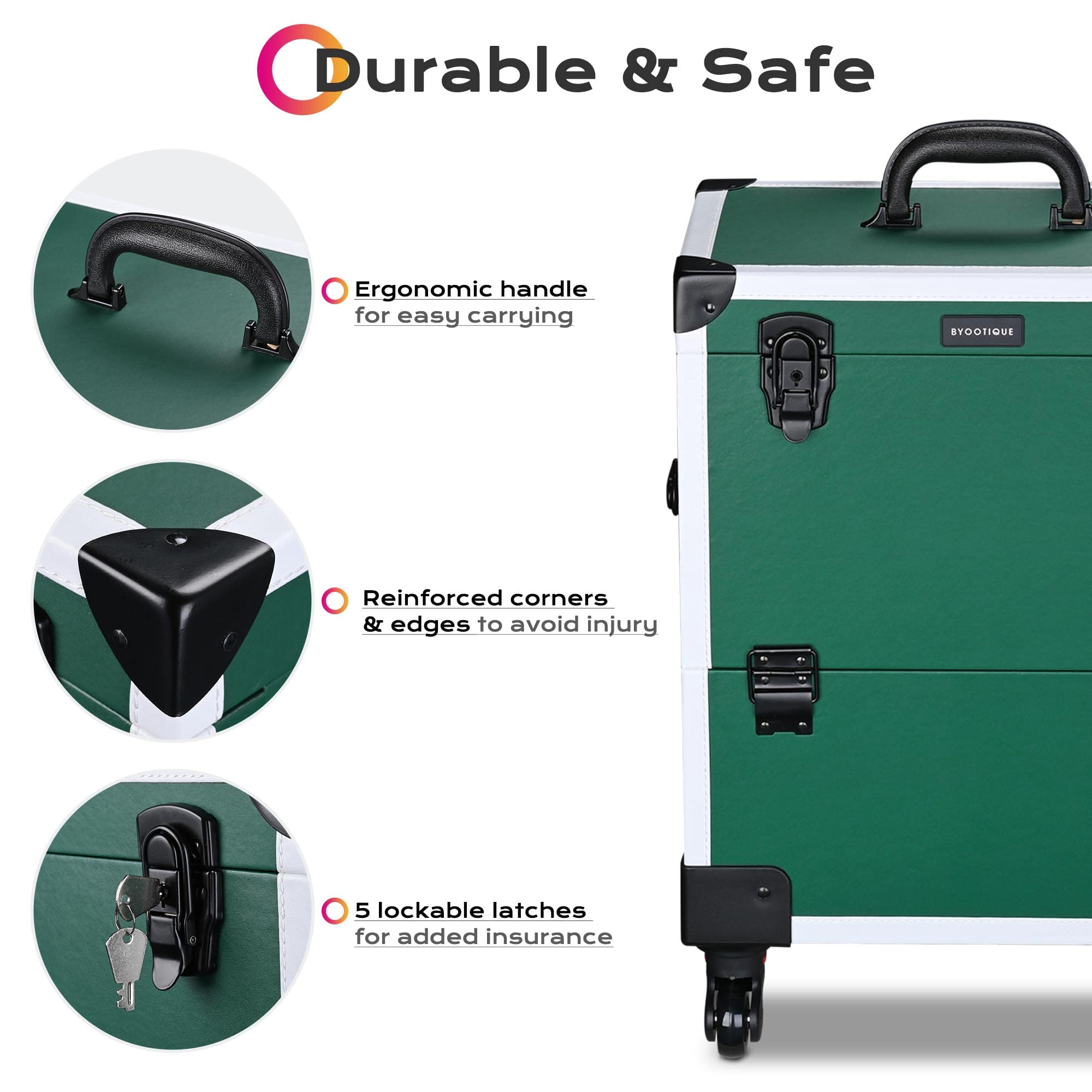 BYOOTIQUE 4-Tier Rolling Makeup Train Case - Lockable Cosmetic Organizer Trolley with Sliding Drawers for Salon, Barber, Nail Tech & Travel | Professional Storage for Makeup Brushes, Nail Polish & Beauty Tools | Perfect for Mobile Artists & Cosmetology Students