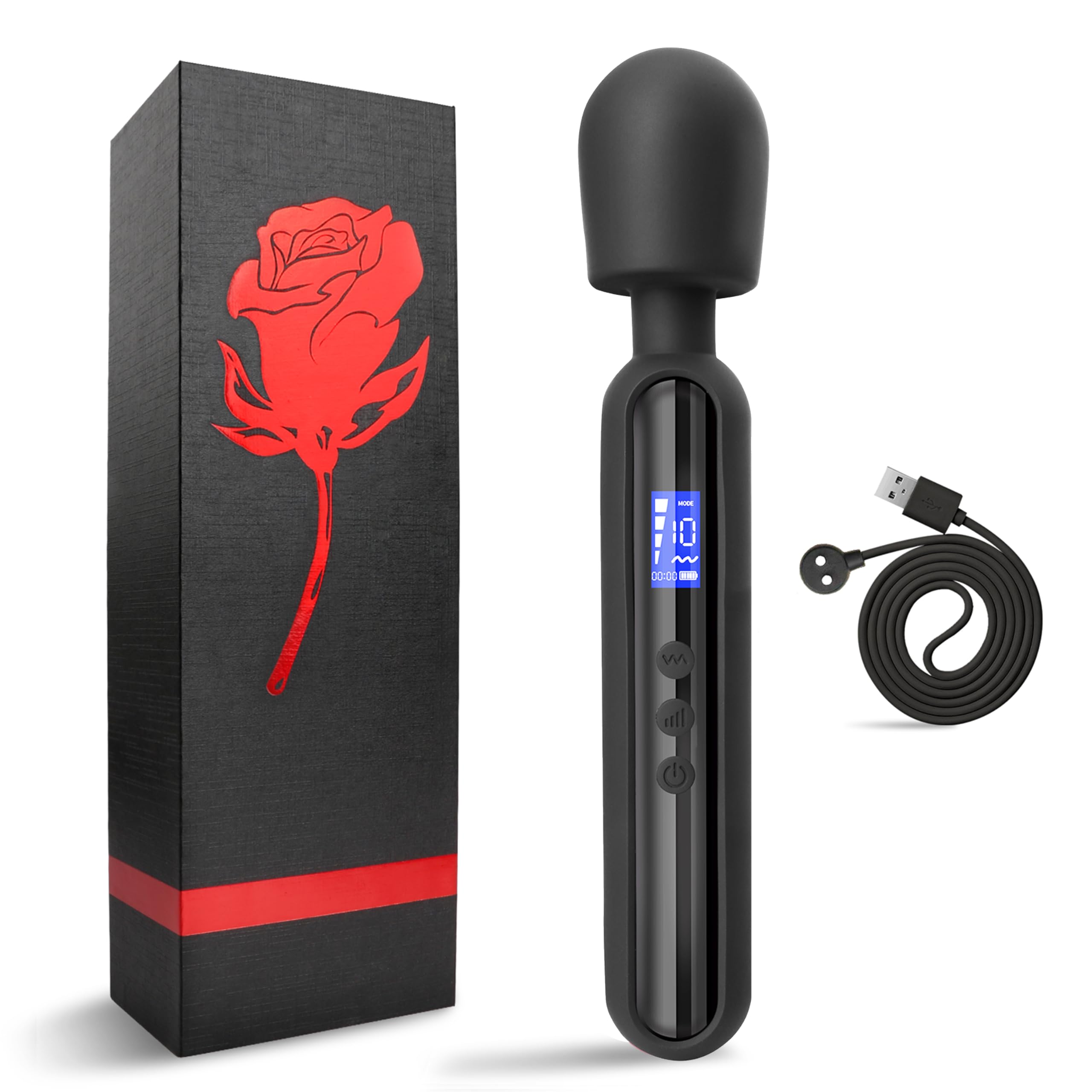 Powerful Cordless Vibrating Wand Massager for Women - 10 Vibration Patterns & 4 Speeds with LCD Display - Clitoral & G-Spot Stimulation - Rechargeable Waterproof Sex Toy for Couples & Solo Play - Perfect for Relaxation, Foreplay & Full-Body Massage (Black)