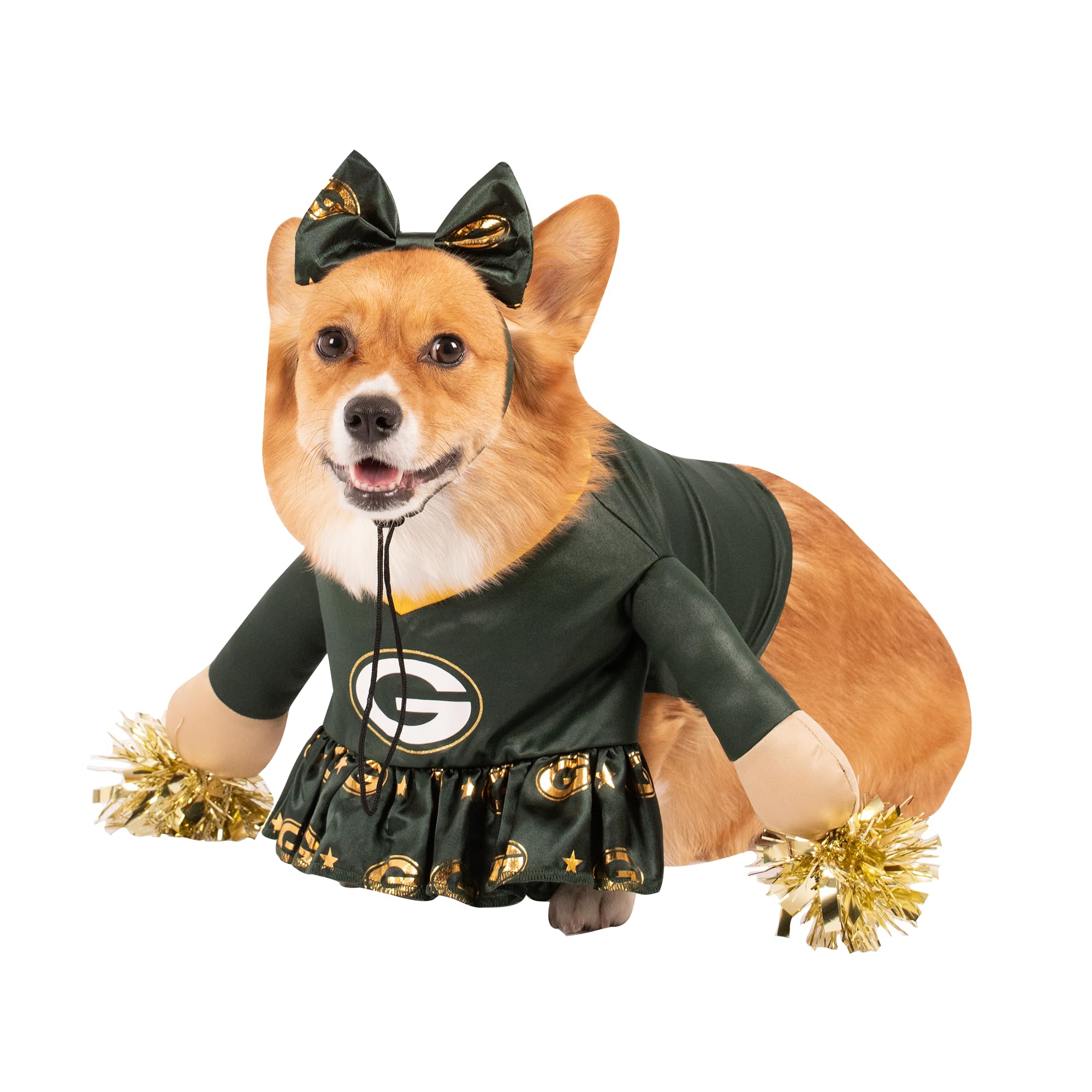 Green Bay Packers Cheer Dog Costume - Officially Licensed XL Size with Faux Stuffed Arms, Tinsel Pom-Poms & Satin Bow Headband for Game Day & Pet Parties