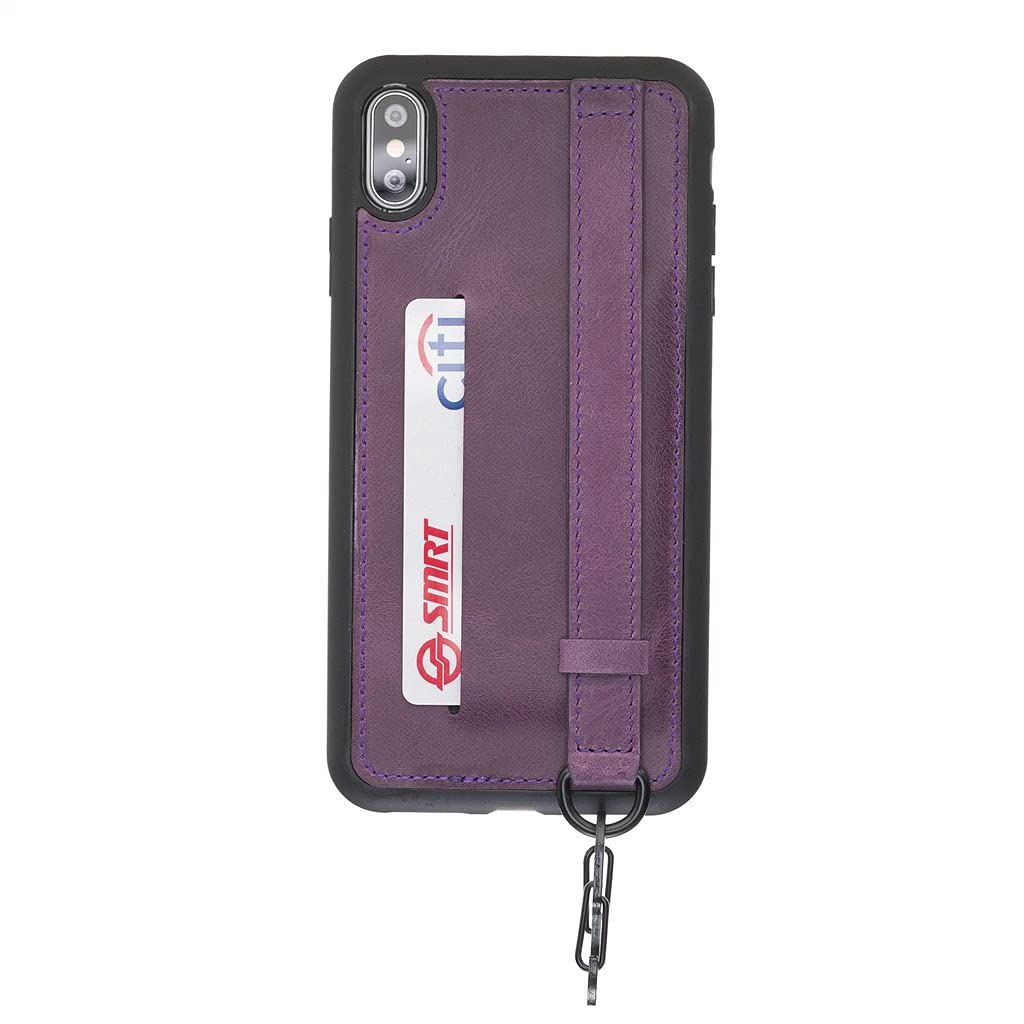 Premium Genuine Leather iPhone XS Max Case with Detachable Hand Strap, Credit Card Slot & Adjustable Kickstand - Luxury Purple Phone Cover for Women & Men | Perfect for Travel, Work & Everyday Protection