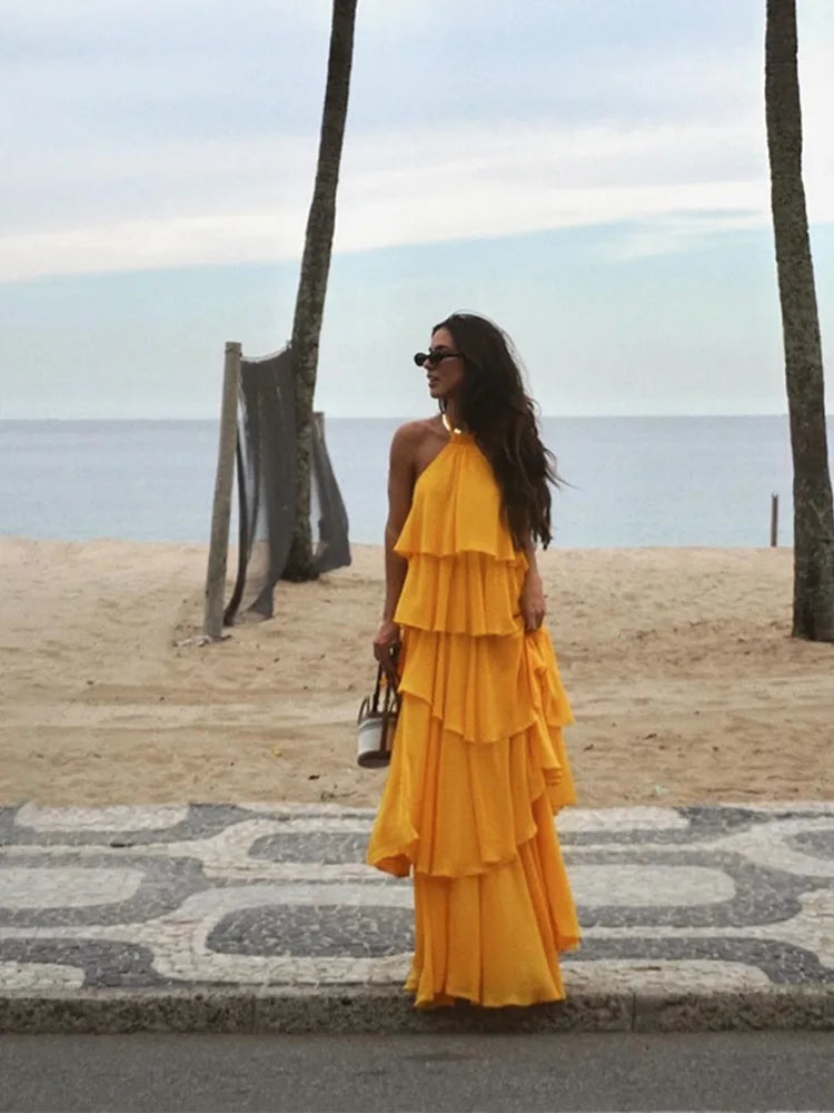 Elegant Ruffled Hem Long Dress for Women - Halter Backless Sleeveless Summer Maxi Dress | Perfect for Beach Vacations, Pool Parties & Evening Events