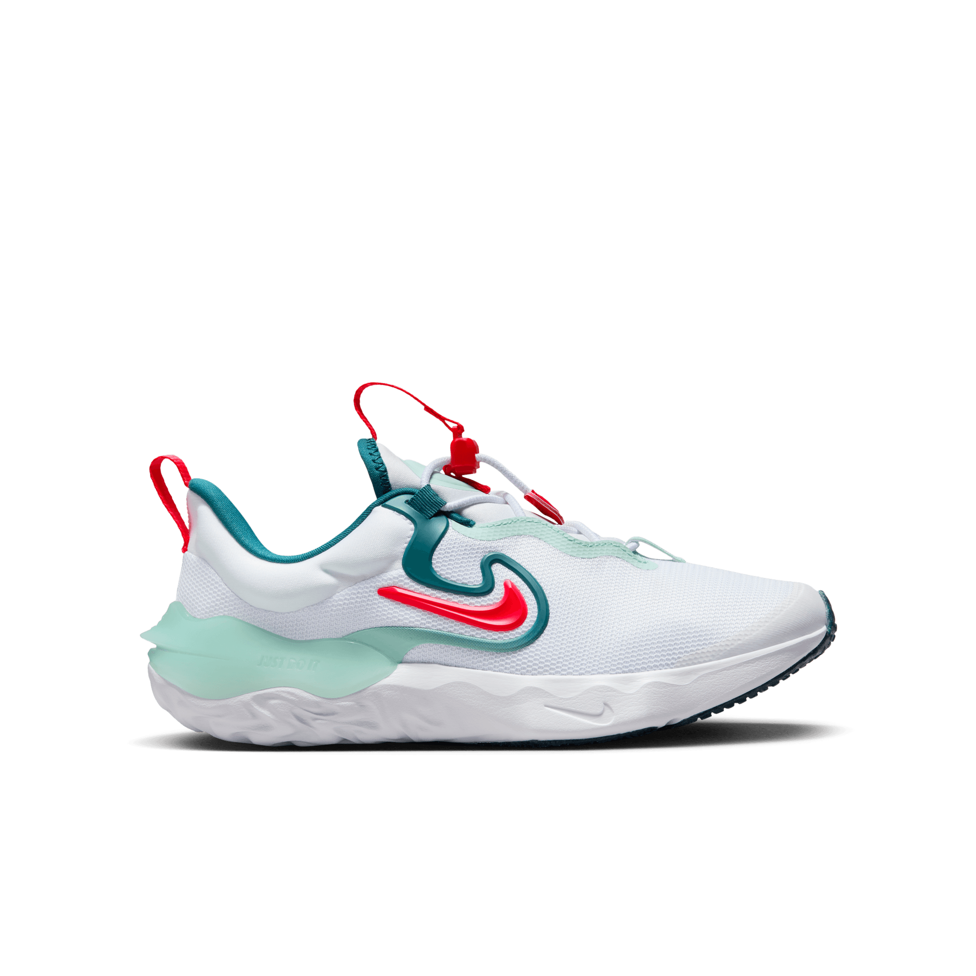 Nike Big Kids Run Flow Running Shoes (Size 101) - White/Siren Red/Jade Ice/Geode Teal - Lightweight & Comfortable for School, Sports & Daily Activities