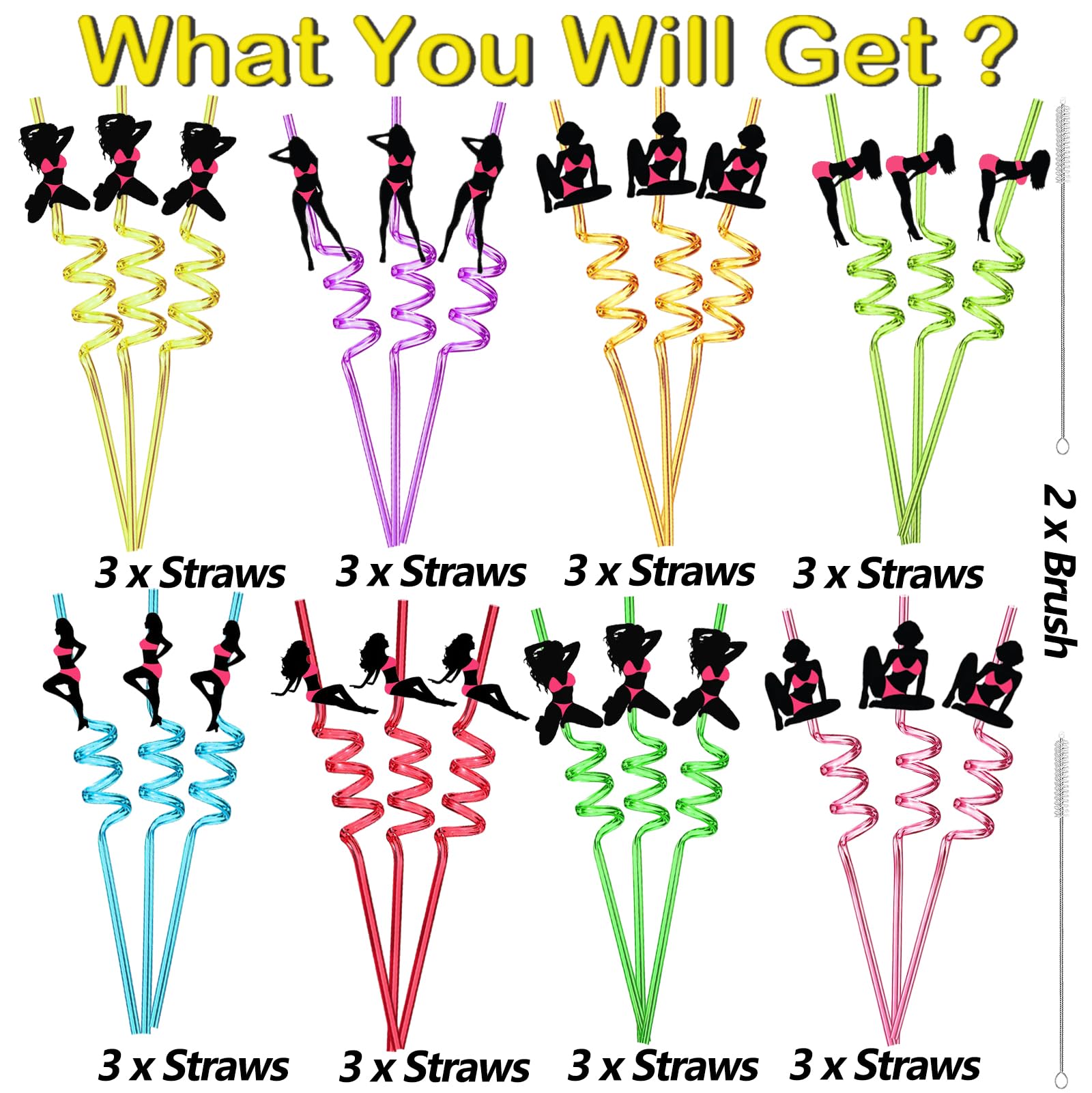 24pcs Pink Bachelorette Party Straws - Reusable Crazy Swirl Drinking Straws for Bachelorette, Bachelor & Mexican Themed Parties - Fun Mermaid Cocktail Straws for Naughty Party Supplies & Bodybuilding Events - Perfect for Girls Night Out, Bridal Showers & Themed Celebrations