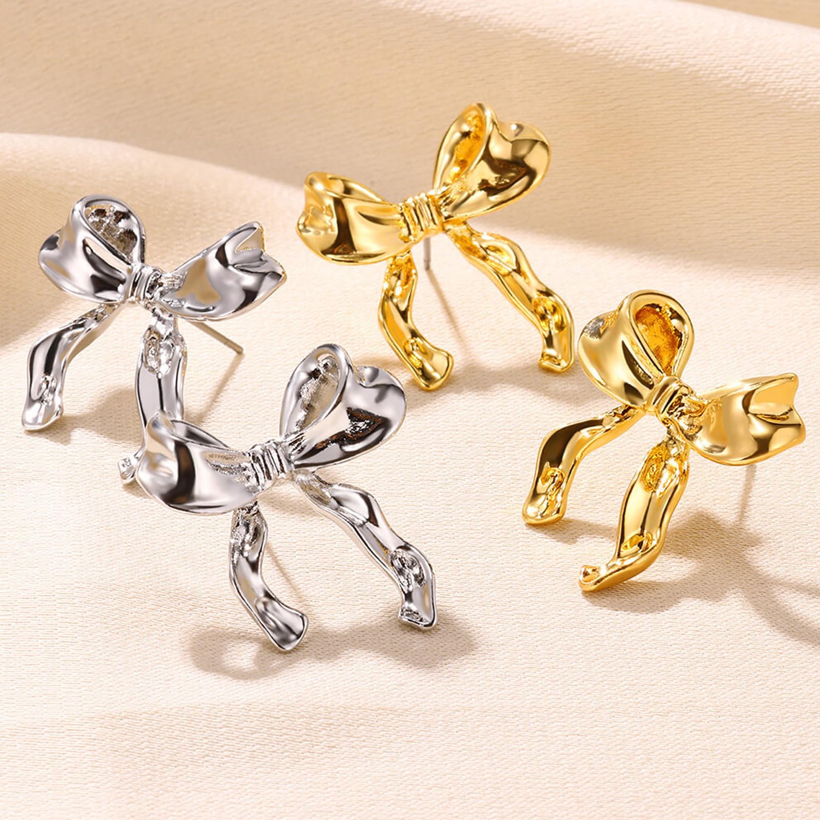 Gold & Silver Bow Earrings for Women - Elegant Ribbon Stud Earrings | Cute Fashion Jewelry Gift for Her | Perfect for Parties, Weddings & Everyday Wear