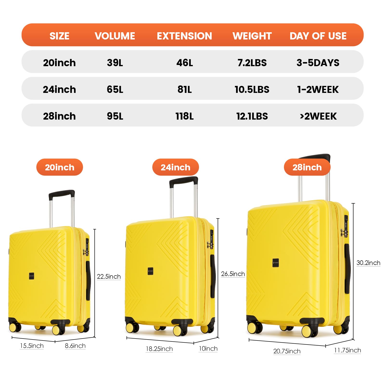 GinzaTravel Rune Series Expandable 3-Piece Lightweight Hardside Luggage Set with Spinner Wheels & TSA Lock - Durable PP Material Business Suitcase for Travel, Business Trips & Vacations