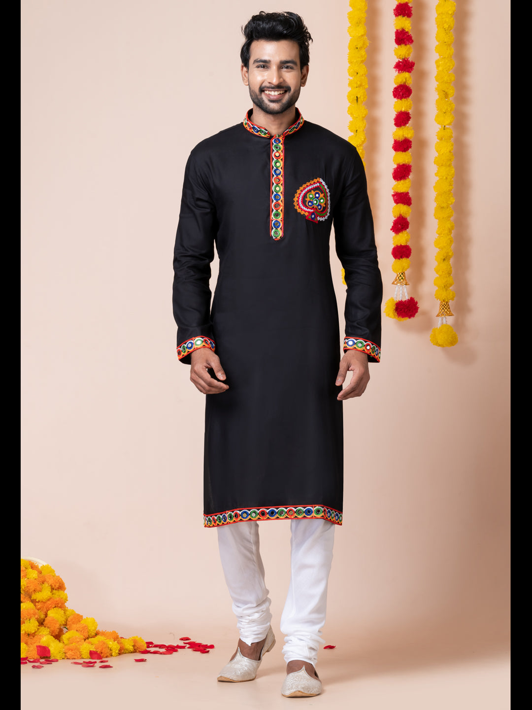 Black Navratri Special Men's Kurta Churidar Set with Machine Embroidery & Lace Work - Traditional Indian Ethnic Wear for Festivals, Weddings & Special Occasions