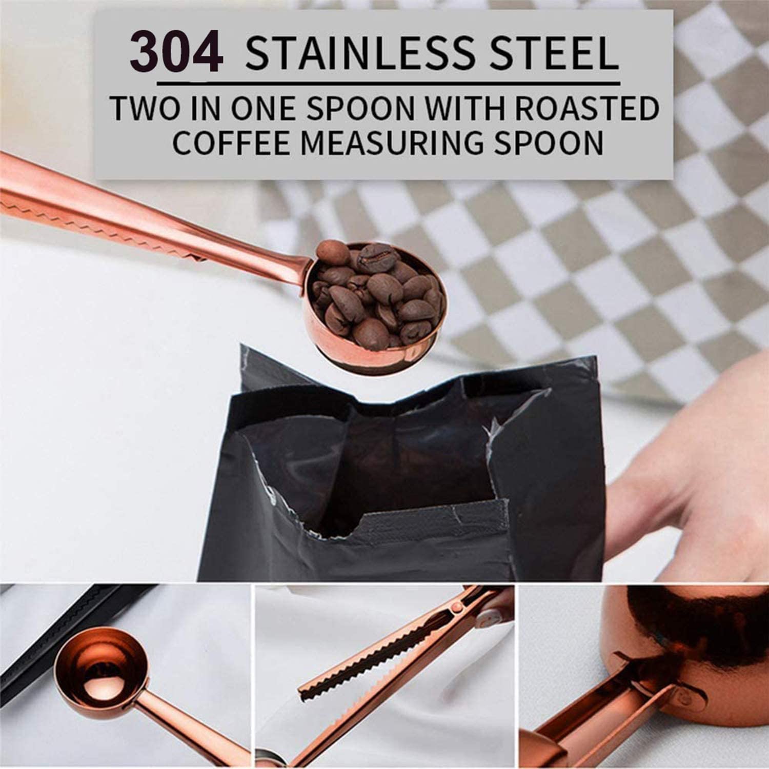 2 Pack Stainless Steel Coffee Scoop with Bag Clip - Precise Measuring Spoon for Ground Coffee, Espresso & Beans (Rose Gold) - Perfect for Home Brewing, Coffee Shops & Gifts