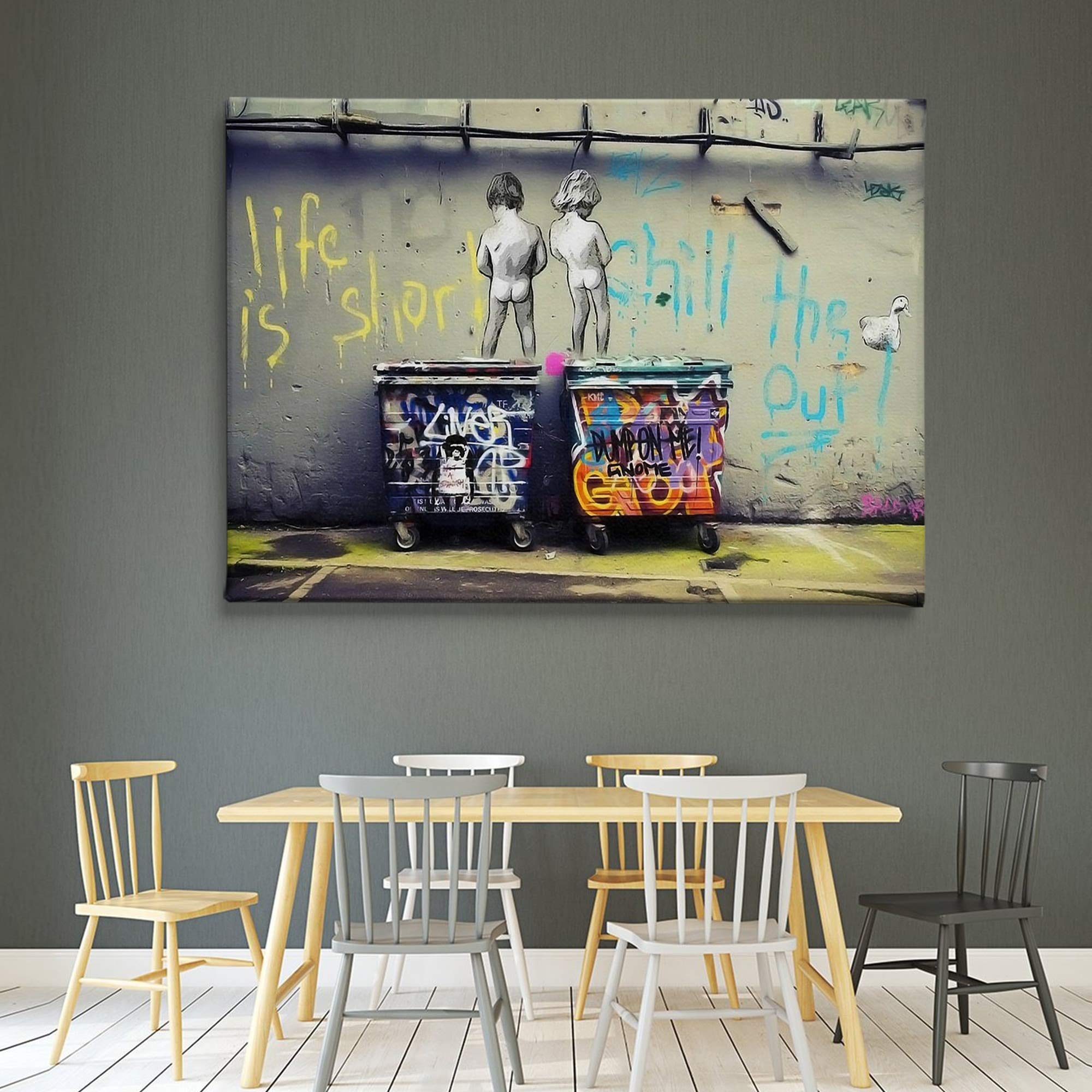 Banksy Peeing Boys 'Life is Short Chill The Duck Out' Street Art Canvas Print - Modern Graffiti Wall Decor for Living Room, Bedroom & Office (36x24 Inches, Gallery Wrapped)