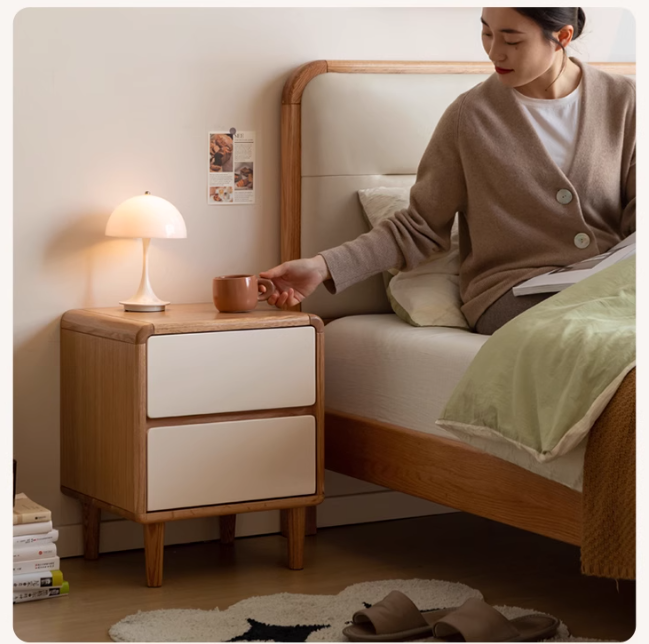 Solid Oak Wood Nightstand - Bedside Table with Drawer for Bedroom Furniture, Perfect for Storage and Decor