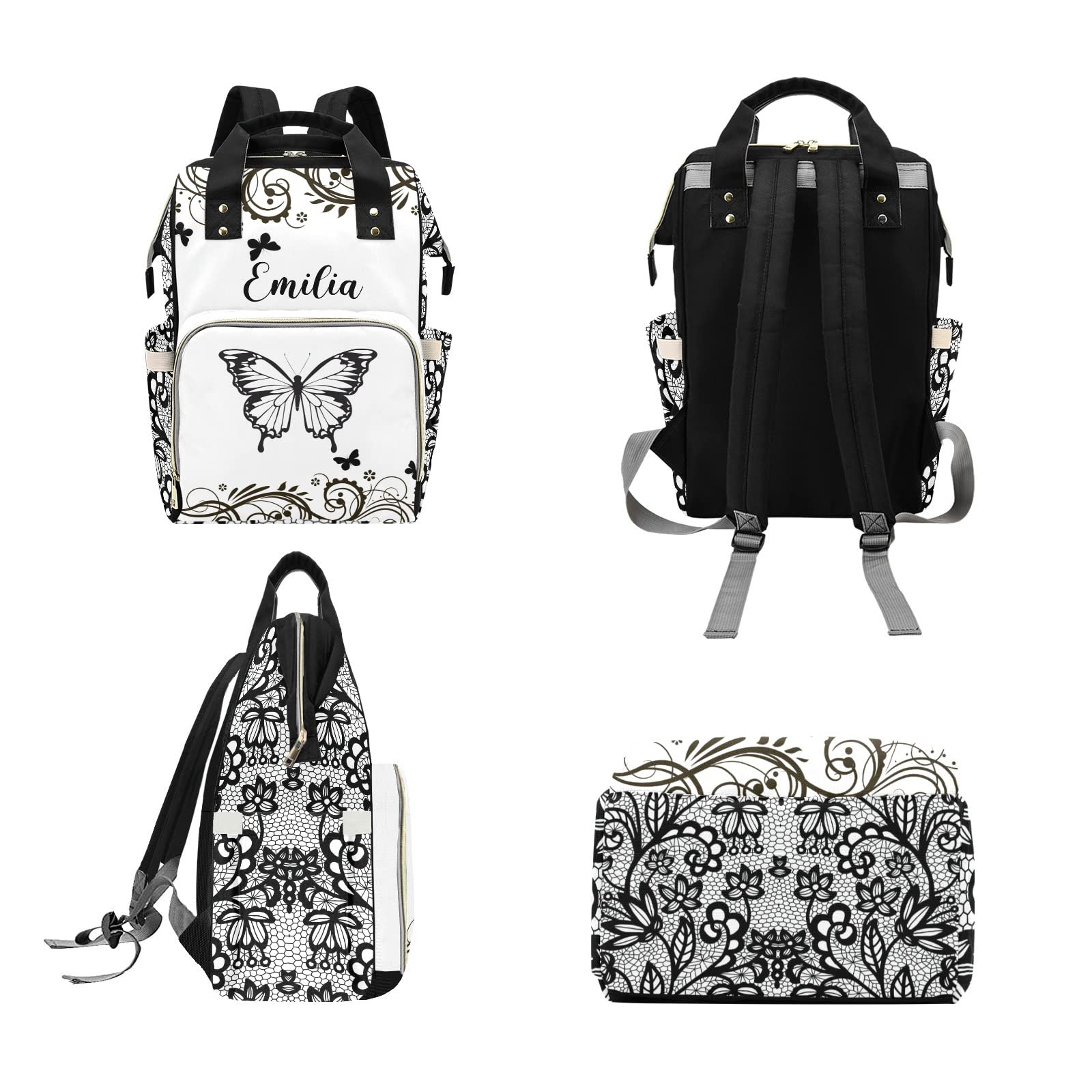 Custom Diaper Bag Backpack Tote for Baby Shower Gift - Personalized Butterfly Black Diaper Bag for Moms, Perfect for Travel, Outings & Daily Use