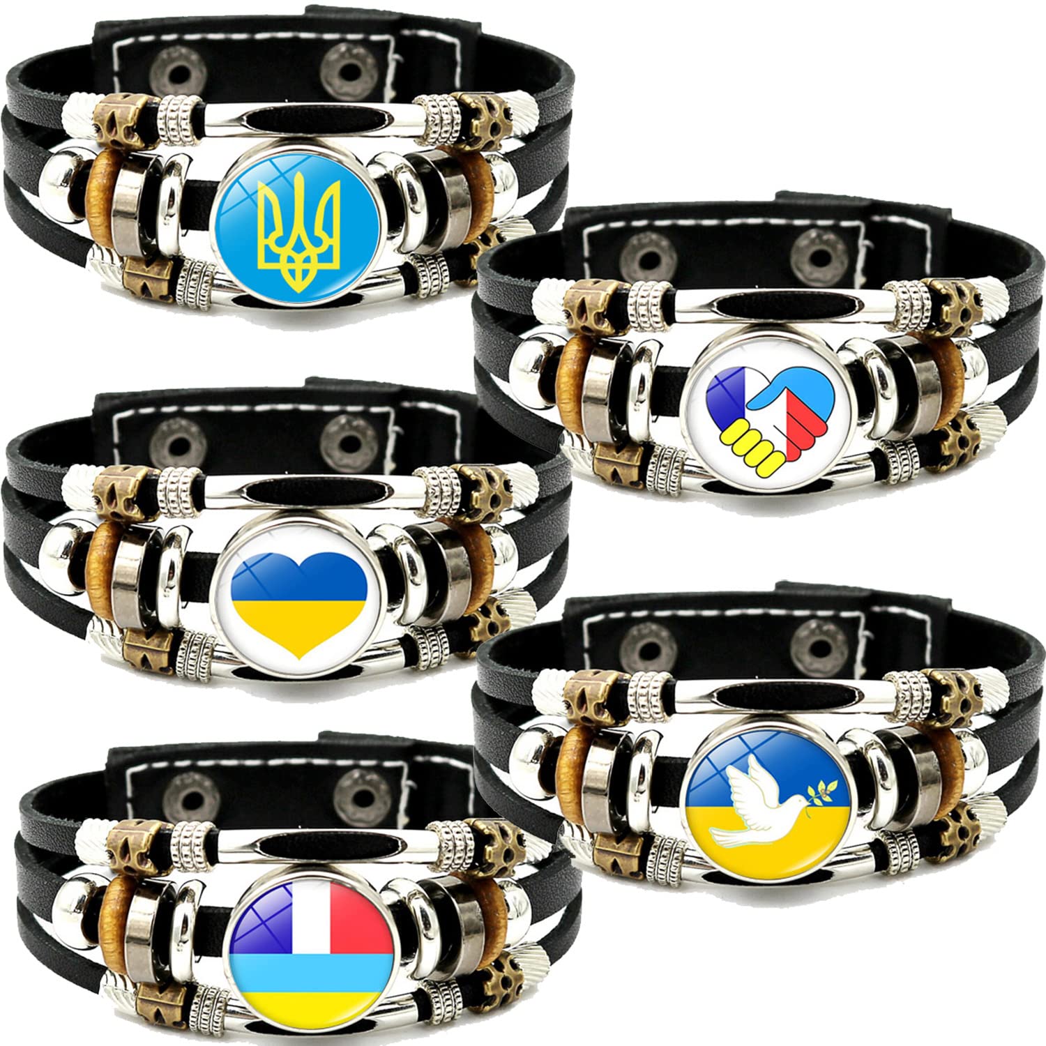 LSKOO 5-Pack Ukrainian Flag Bracelets - Blue & Yellow Leather Wristbands for Men Women - Patriotic Ukraine Support Jewelry Gift Set for Independence Day, Solidarity Events & National Pride