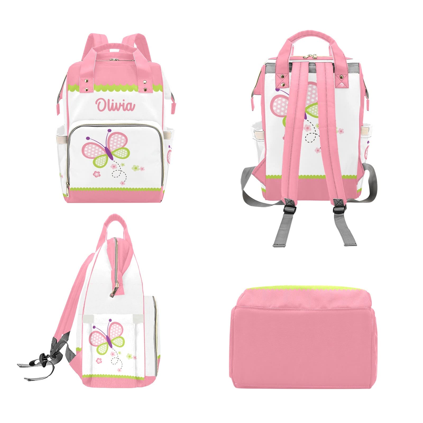 Custom Personalized Diaper Bag Backpack Tote - Pink & Green Baby Shower Gift, Travel & Everyday Use for Moms