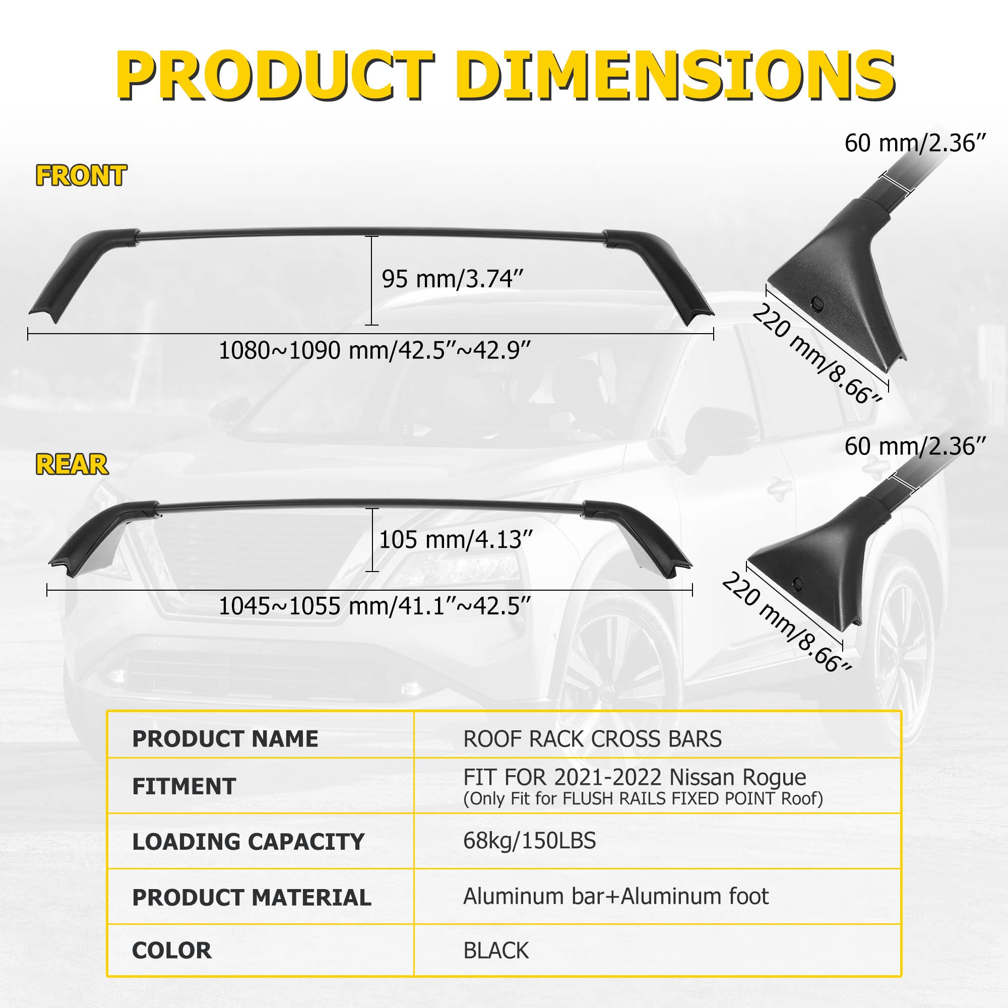 AUXMART Roof Rack Cross Bars for Nissan Rogue 2021-2025 | Heavy Duty 150LBS Capacity | Universal Fit for One-Piece Roof Side Rails | Perfect for Kayak, Canoe, Bicycle & Cargo Carrier | Road Trips & Outdoor Adventures