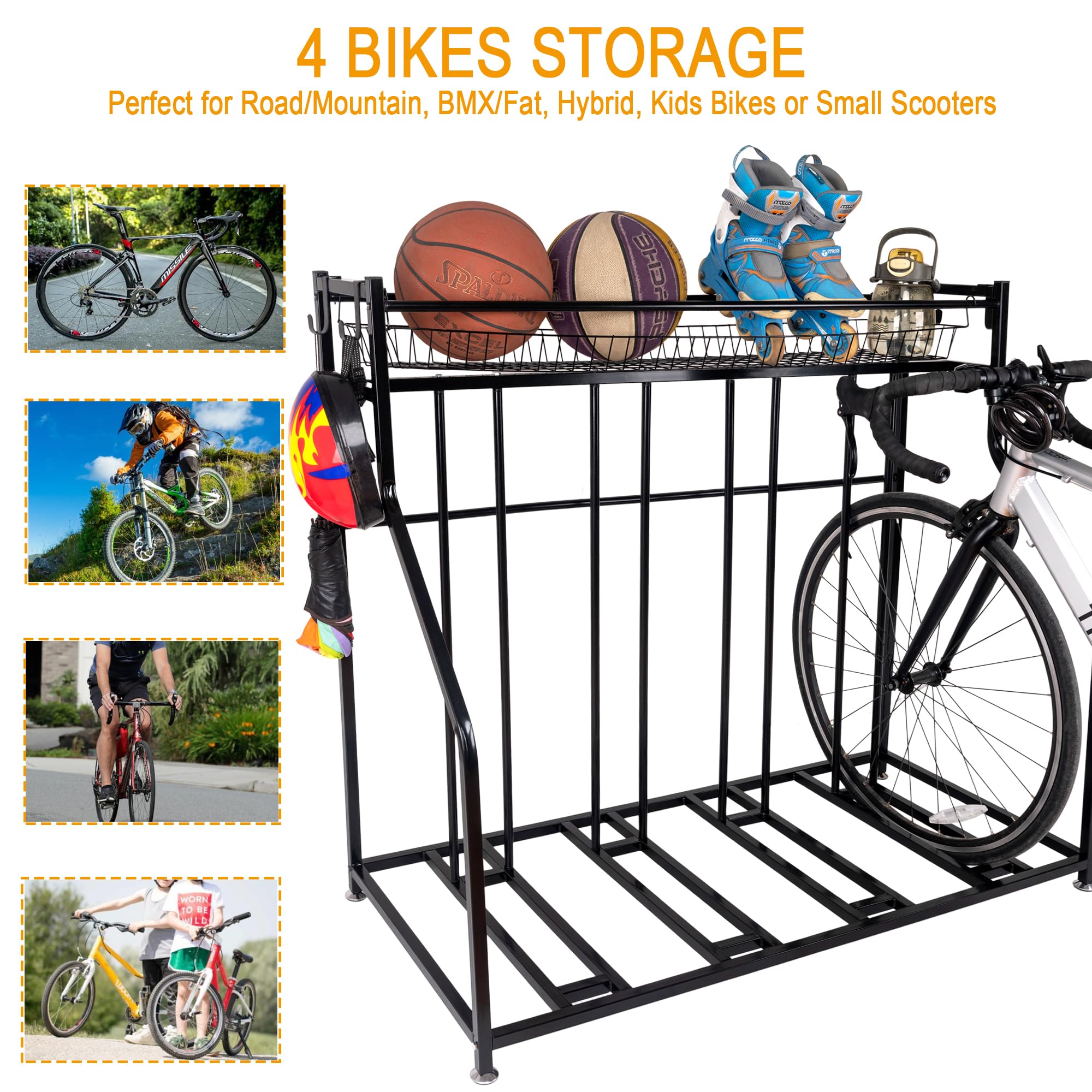 **Heavy Duty 4 Bike Rack Garage Stand - Adjustable Black Metal Floor Storage with Basket & Hooks - Fits 3