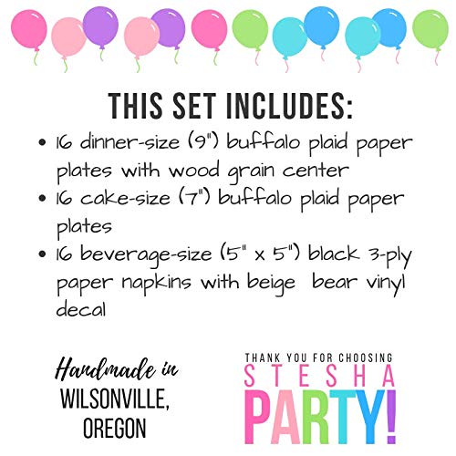 Buffalo Plaid Party Set - 16 Paper Plates & Napkins for Lumberjack Birthday, Bear Theme Baby Shower, Camping Party & Rustic Wedding Decorations