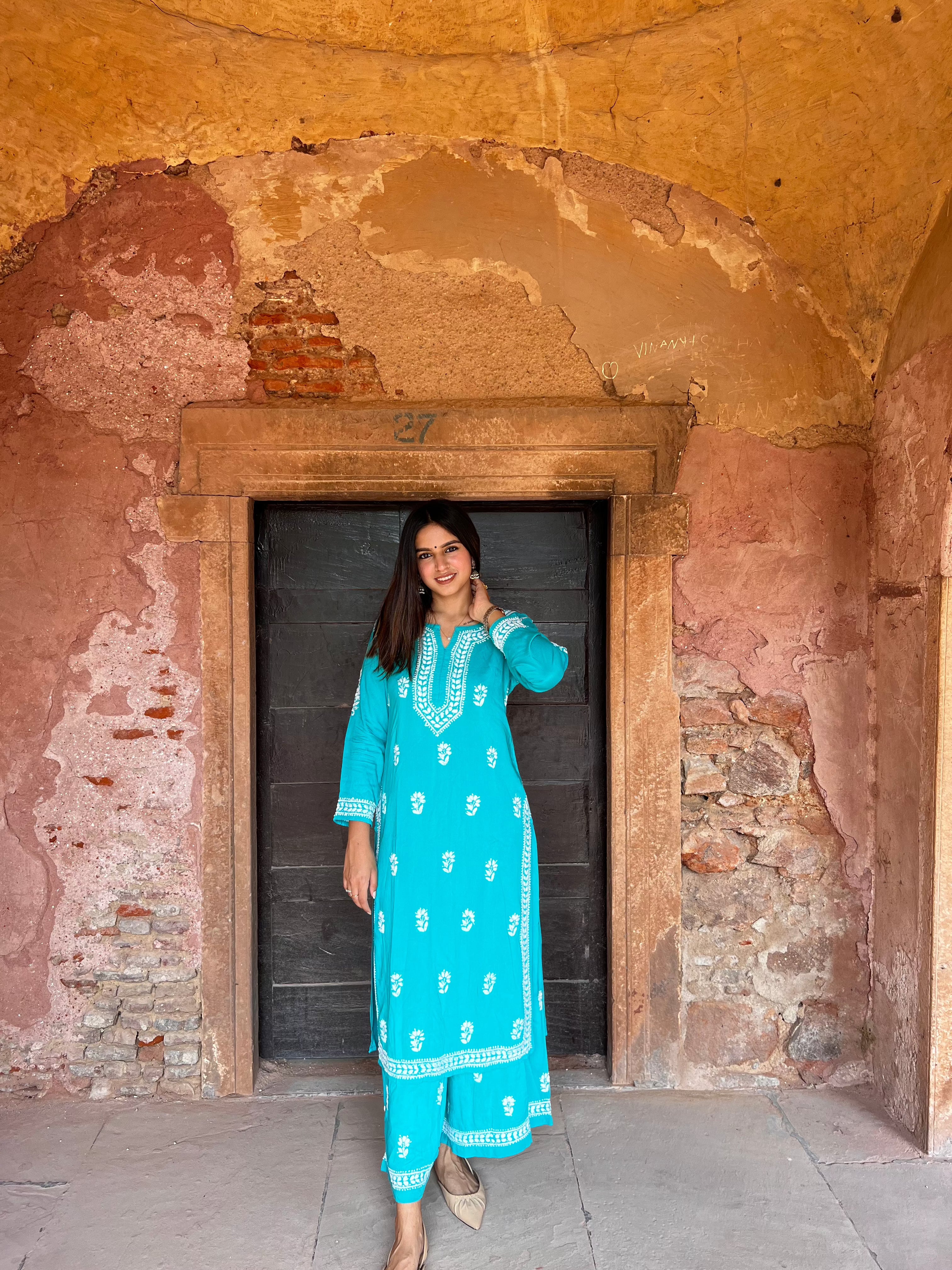 Bhavna Noor Chikankari Rayon Co-Ord Set for Women - Blue Turquoise Ethnic Outfit for Festivals, Parties & Special Occasions