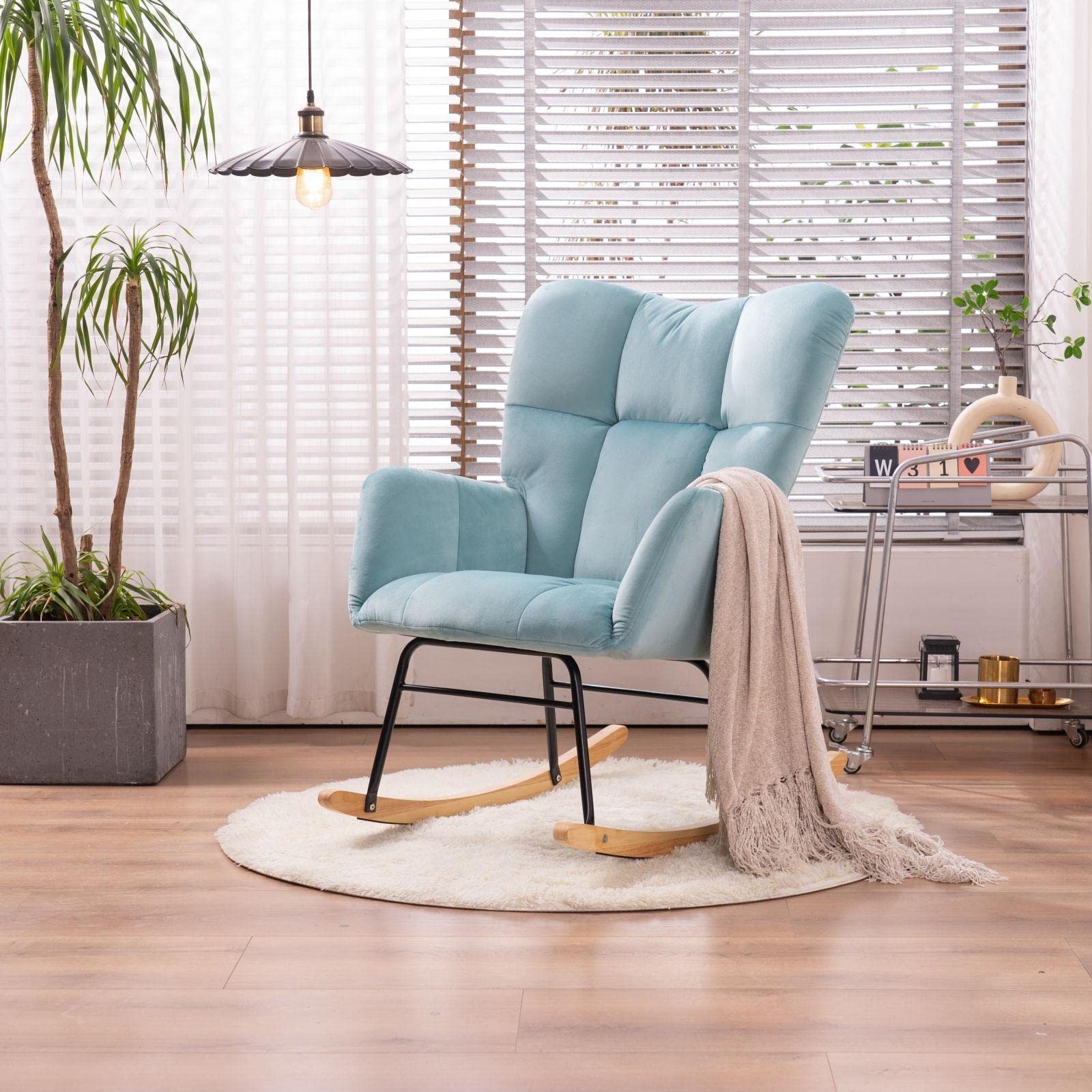 Velvet Tufted Upholstered Rocking Chair with Wood Base - Modern Accent Armchair with Padded Seat for Living Room, Nursery or Home Office - Light Blue Comfort Rocker for Relaxation & Breastfeeding