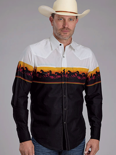 Roper Men's Sunset Horse Border Print Shirt - Black Western Cowboy Shirt for Casual Wear, Rodeo & Country Events