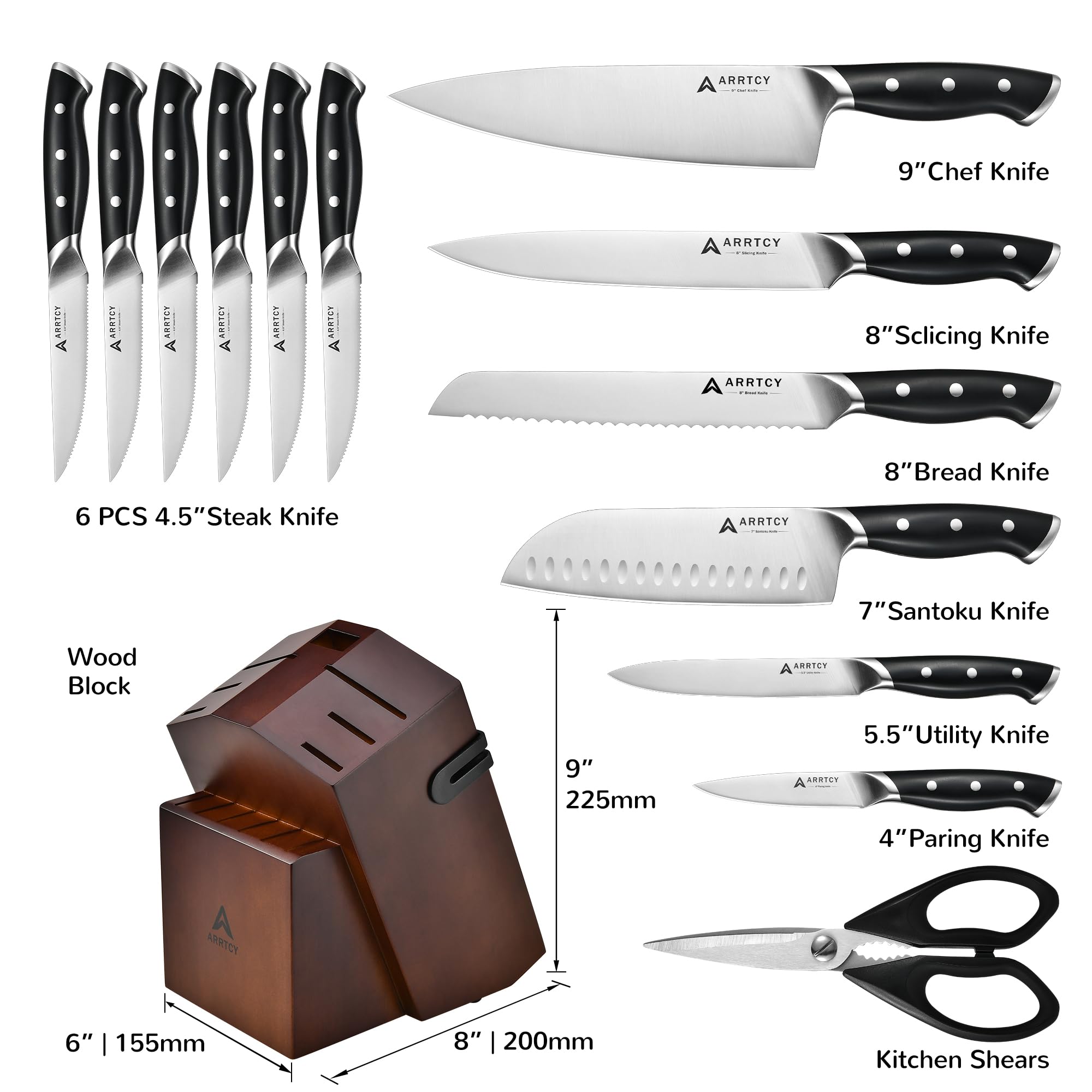 15-Piece High Carbon Stainless Steel Knife Set with Block & Sharpener - Ultra Sharp Chef Knives for Kitchen - Dishwasher Safe, Ergonomic Triple Rivet Handle - Perfect for Cooking, Slicing, Meal Prep & Professional Chefs