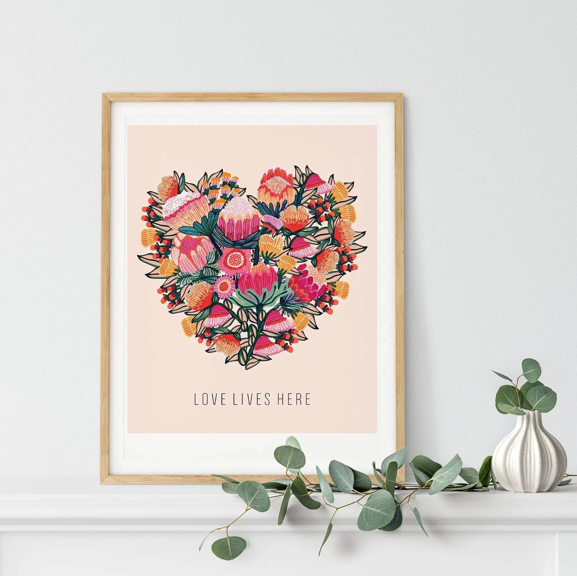 Love Lives Here Floral Heart Art Print - Beautiful Wall Decor for Home, Bedroom & Office - Perfect Gift for Valentine's Day, Wedding & Housewarming