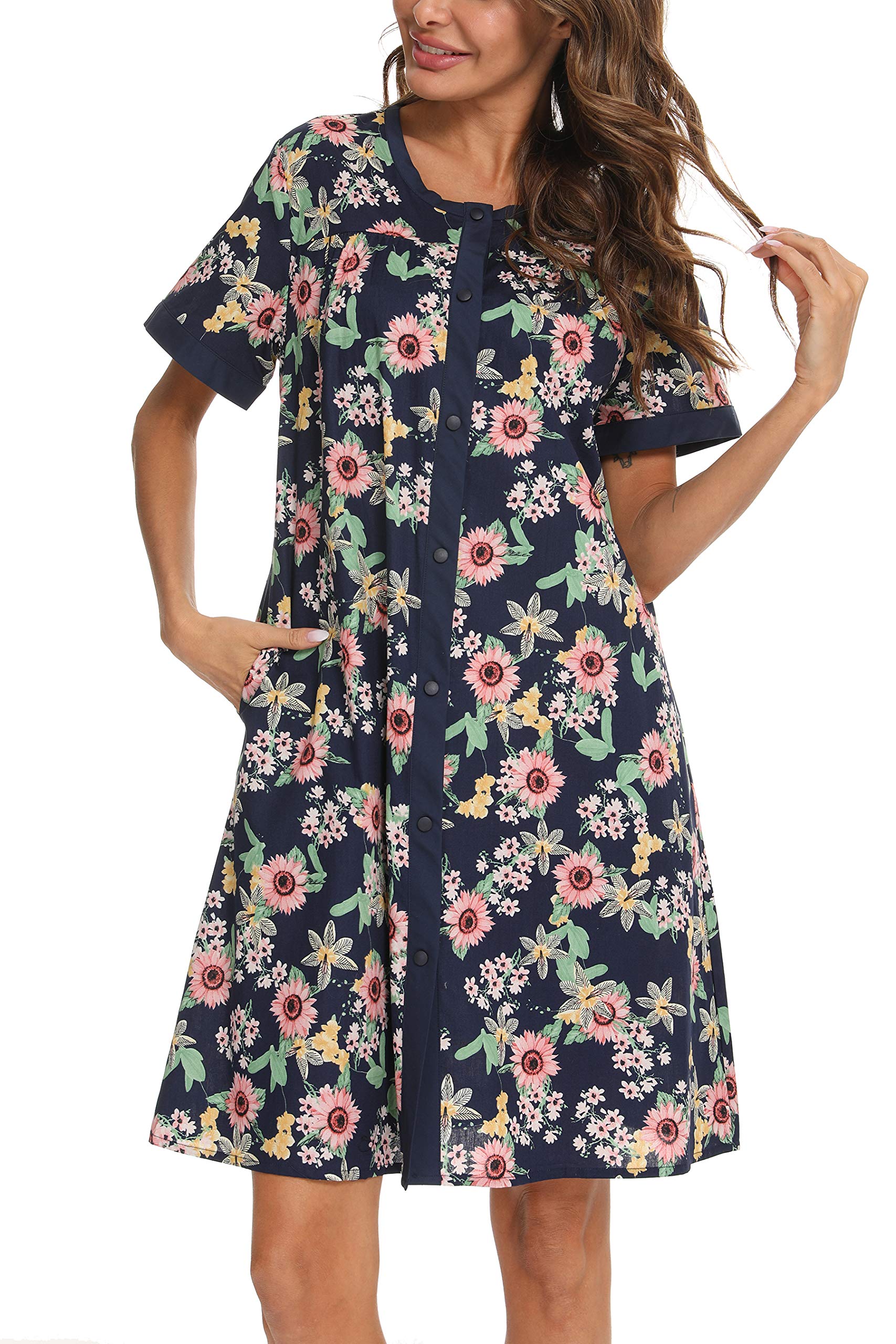 YOZLY Women's Short Sleeve House Dress - Casual Loungewear Robe with Pockets | Perfect for Home, Morning Coffee & Relaxing Evenings