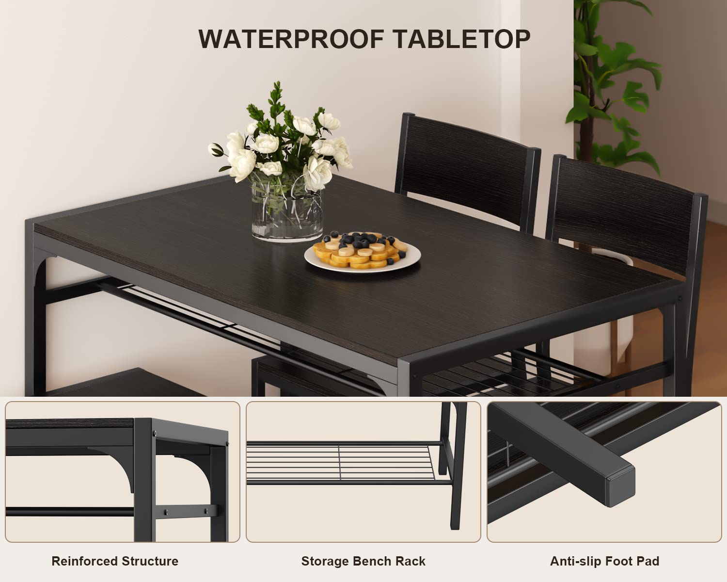 Gizoon 4-Piece Dining Table Set with Bench - Kitchen Table and 2 Chairs for 4 - Space Saving Small Apartment Furniture for Breakfast Nook, Tiny Homes & Compact Living Spaces