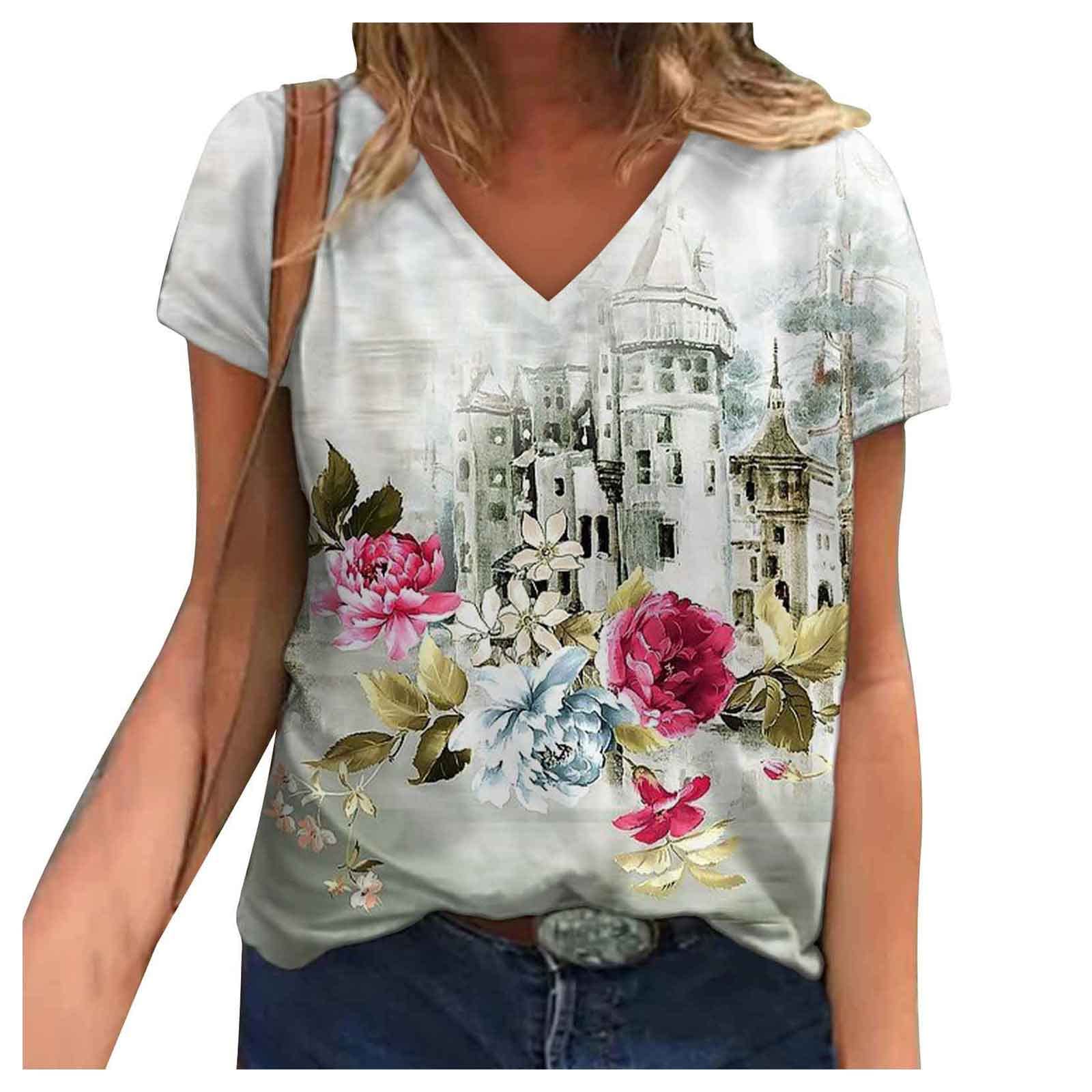 Women's V Neck Graphic Tees - Casual Short Sleeve Tops for Daily Wear
