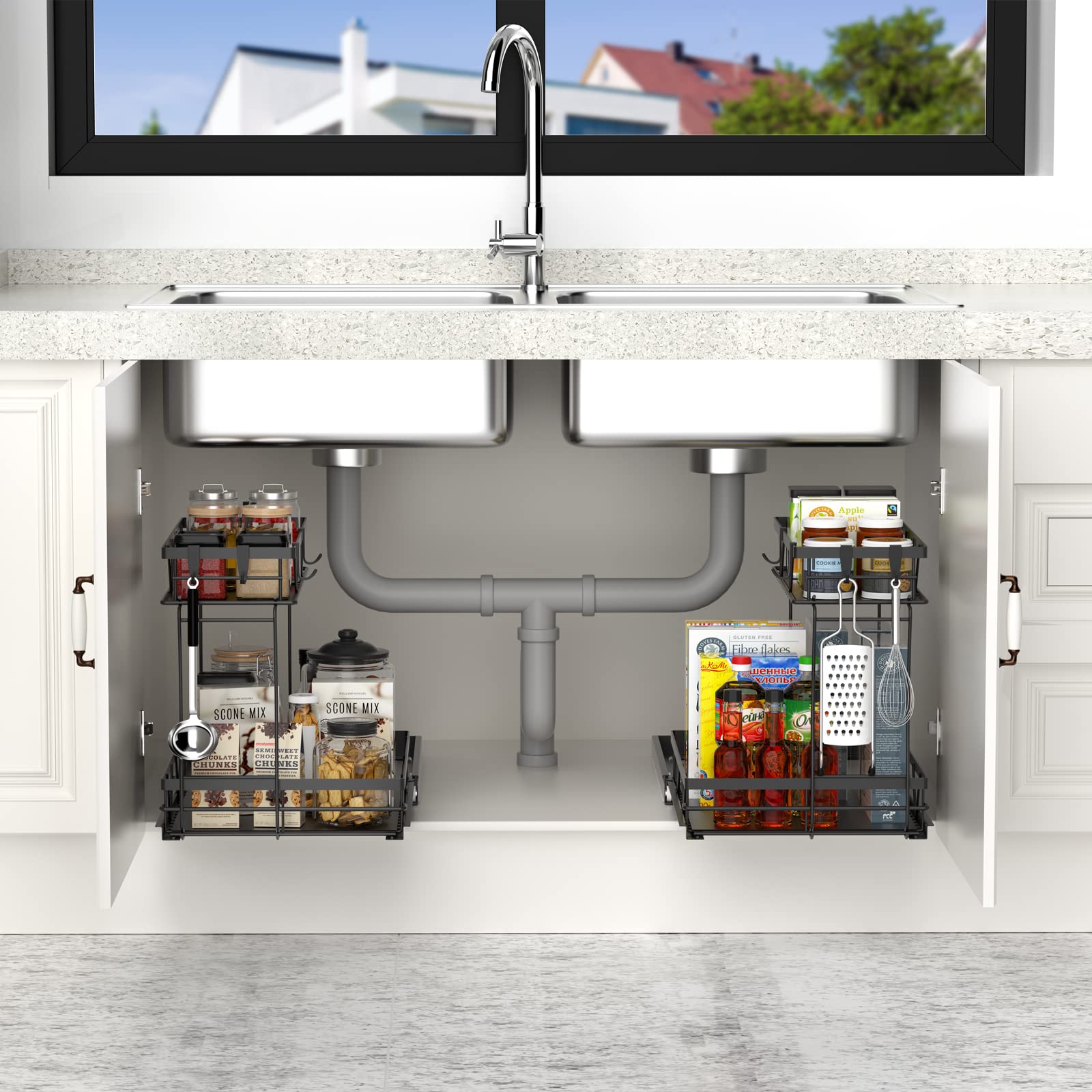 AOSITE 2-Tier Pull Out Cabinet Organizer - Under Sink Storage for Kitchen & Bathroom with Sliding Drawers - Space Saving Solution for Small Spaces, Perfect for Organizing Cleaning Supplies, Cosmetics, and Kitchen Utensils