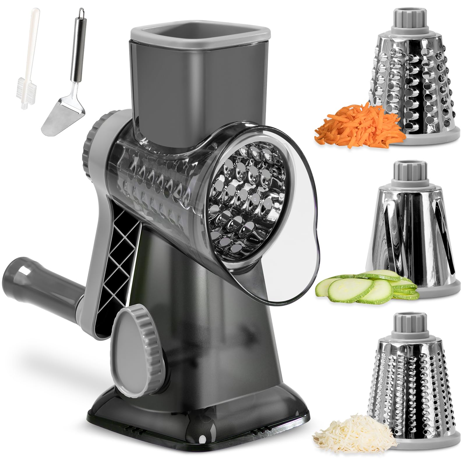 Stainless Steel Rotary Cheese Grater with 3 Blades - Hand Crank Kitchen Tool for Shredding Cheese, Carrots, Cucumbers, Nuts & Chocolate (Dark Grey) - Perfect for Pizza Toppings, Salad Prep & Baking Needs