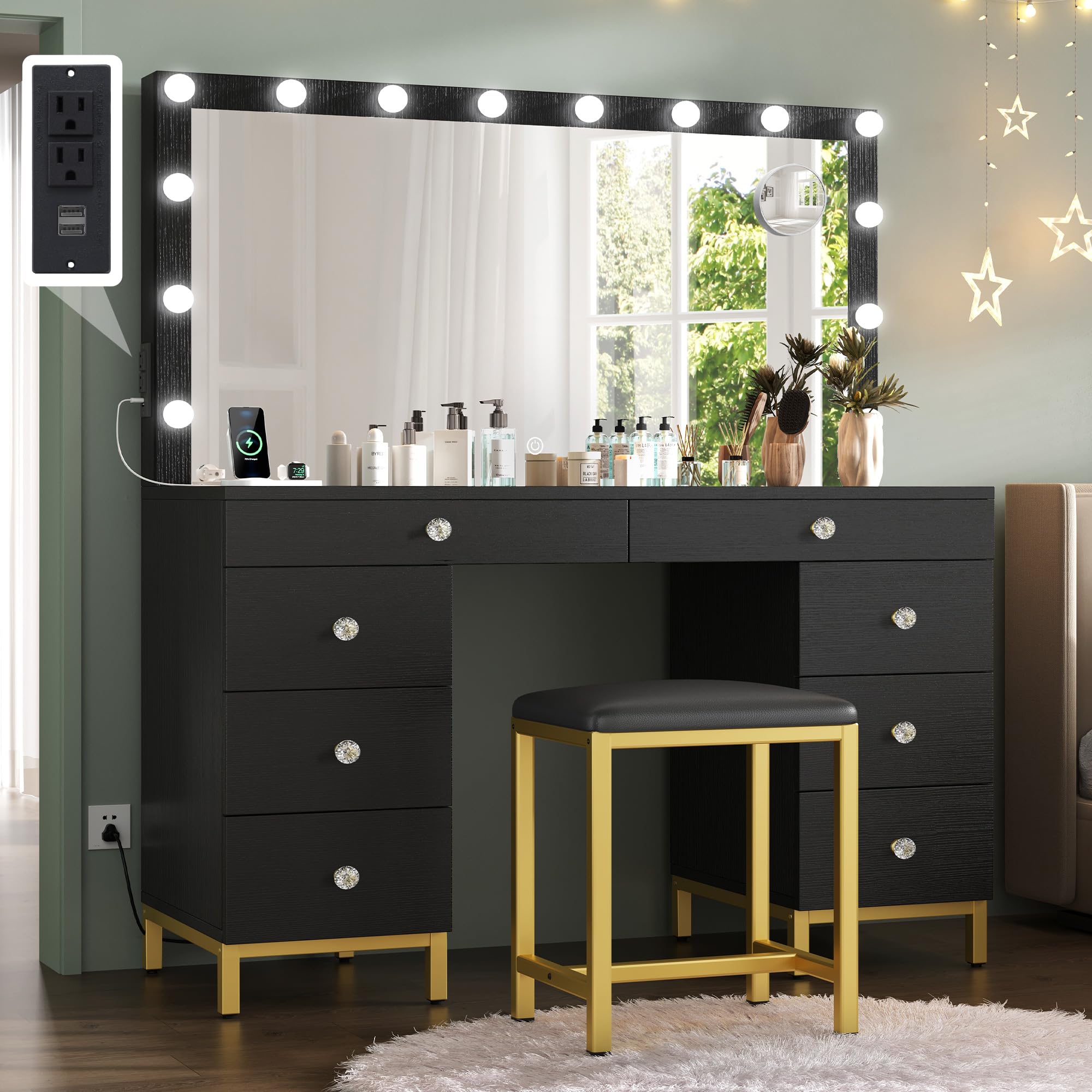YITAHOME Vanity Desk with Mirror, Power Outlet & 14 LED Lights, Makeup Dressing Table with 8 Drawers, 3 Adjustable Lighting Colors - Perfect for Bedroom, Dressing Room & Home Salon (Black)