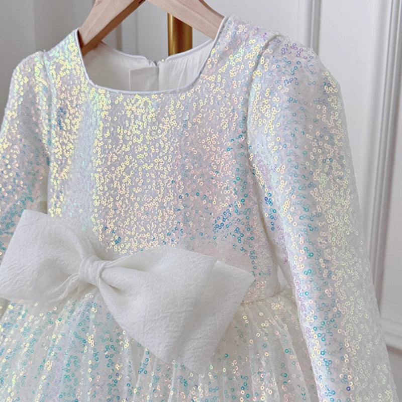 Elegant White Sequin Bow Dress for Baby Girls - Long Sleeve Toddler Formal Dress for Christmas, New Year, Birthday Party & Special Occasions