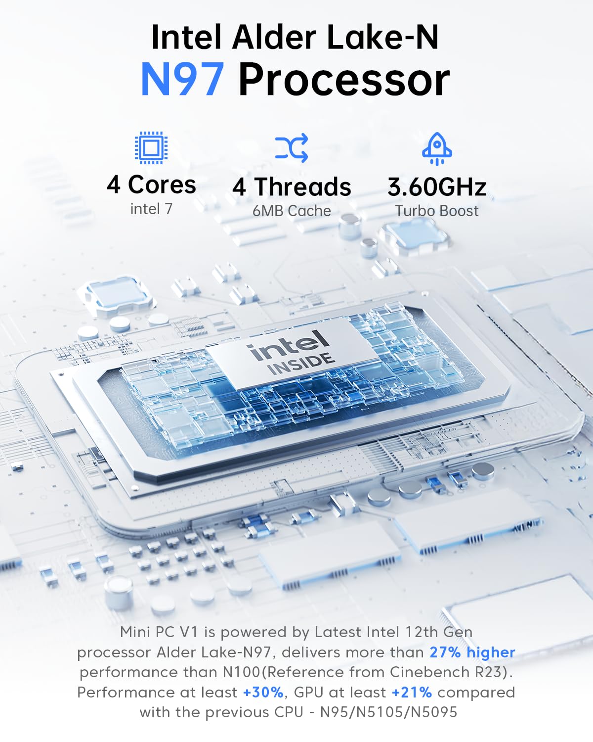 ACEMAGIC Vista V1 N97 Mini PC - 12th Gen Intel N97 Processor (Up to 3.6GHz, Outperforms N150/N95), 16GB DDR4 RAM, 512GB SSD, 4K Dual Display, WiFi/BT, VESA Mount - Compact Desktop Computer for Home Office, Business, Gaming & Entertainment
