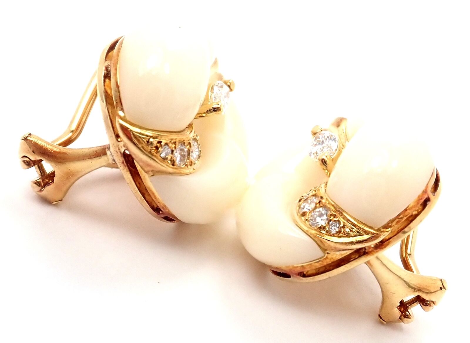 Authentic Mikimoto 18K Yellow Gold Diamond White Coral Earrings - Luxury Pearl Jewelry for Women - Perfect for Weddings, Anniversaries & Special Occasions