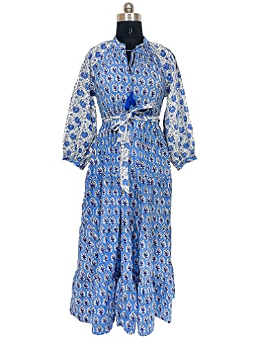 Handmade Women's Cotton Maxi Dress - Hand Block Print Long Sleeve Boho Dress for Summer | High Waist Midi Beach Dress (Size S) | Perfect for Vacations, Festivals & Boho Chic Outfits