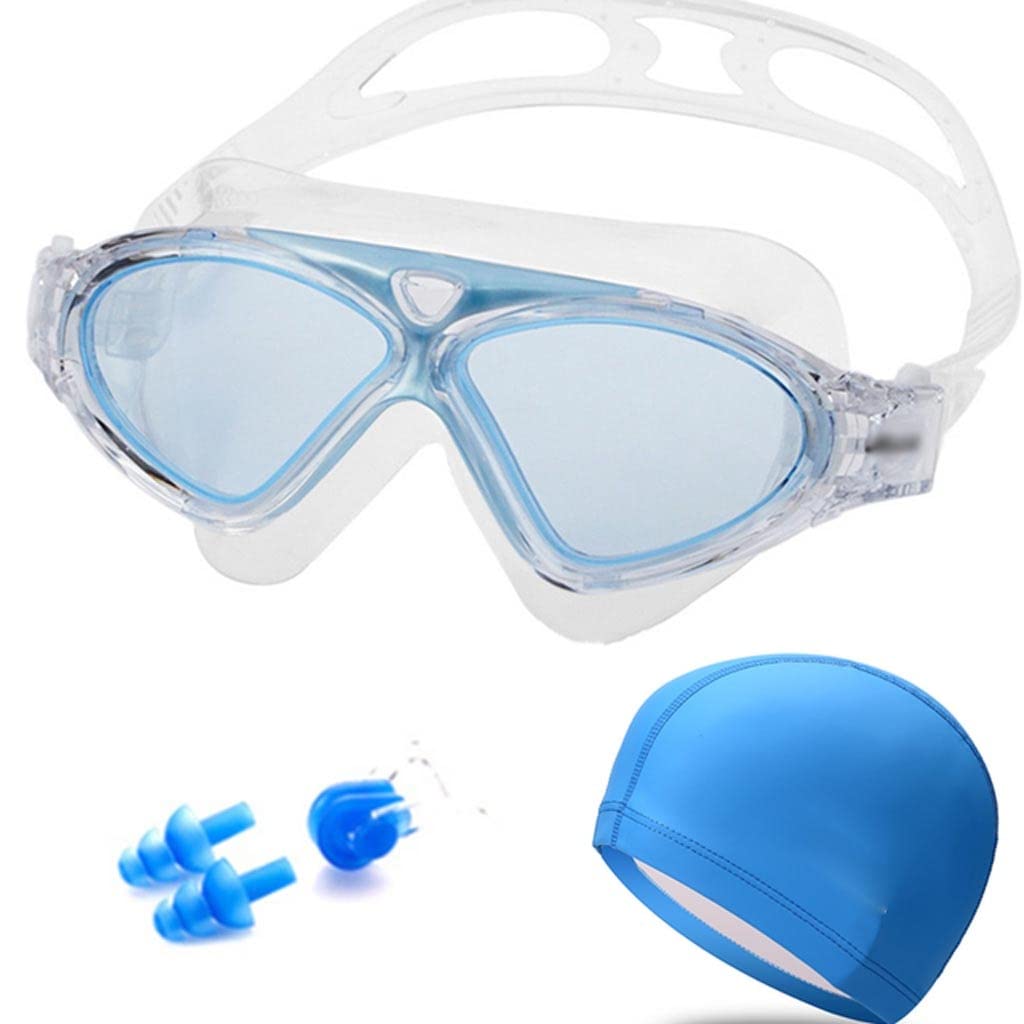 Anti-Fog Swimming Goggles for Adults - Waterproof Swim Glasses with Earplugs & Swim Cap - Men & Women Sports Diving Eyewear (Blue, One Size) - Perfect for Pool Training, Competitive Swimming & Snorkeling