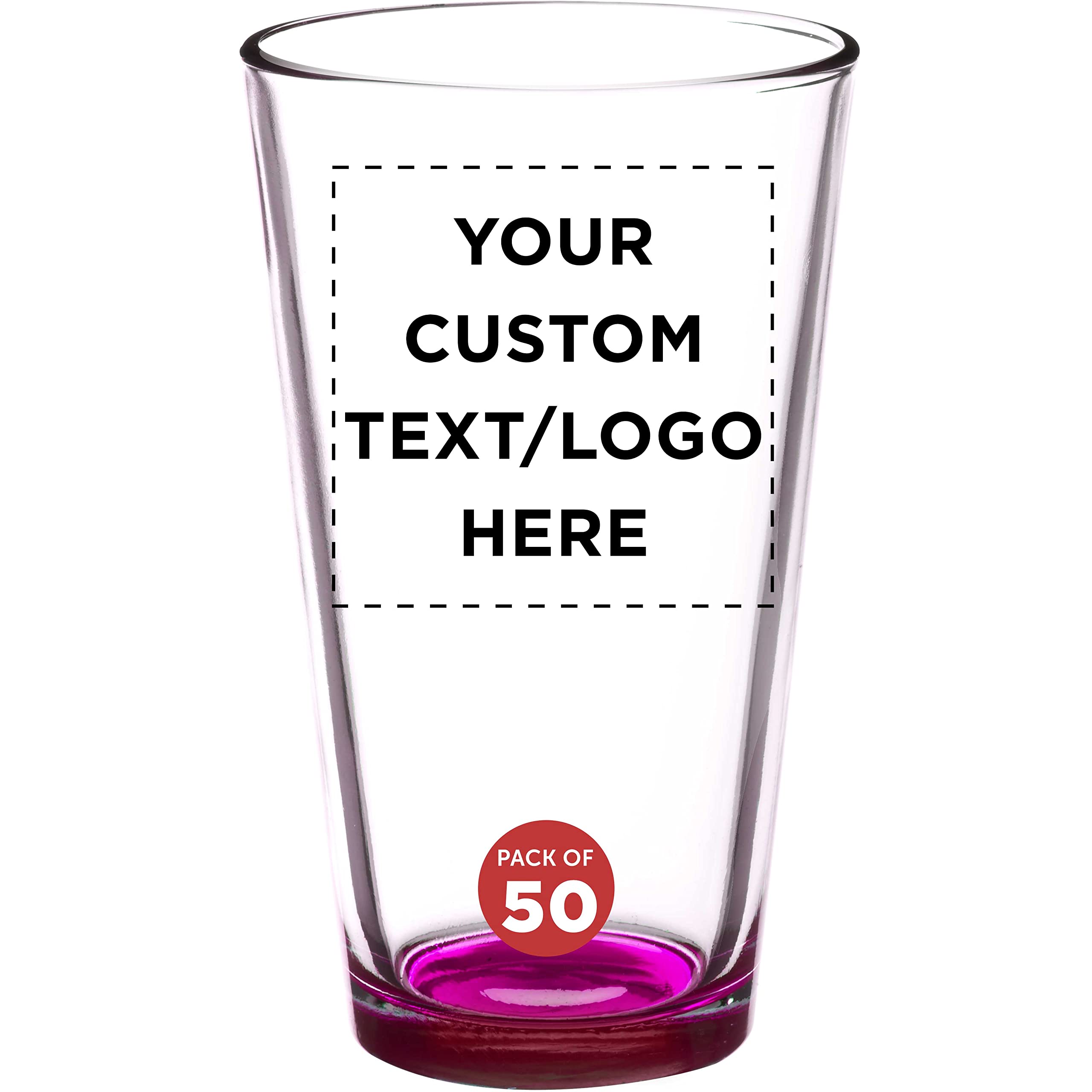 Custom Arc Pint Glass 16 oz. Set of 50 - Personalized Bulk Beer Glasses for Bars & Restaurants - Heavy Duty Drinkware in Pink - Perfect for Parties, Weddings & Commercial Use