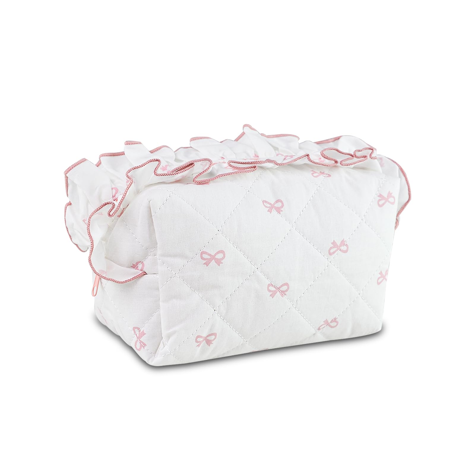 Quilted Makeup Bag with Bow - Cute Aesthetic Cosmetic Pouch for Women & Girls | Travel Toiletry Organizer for Vacation, Gym, Daily Essentials