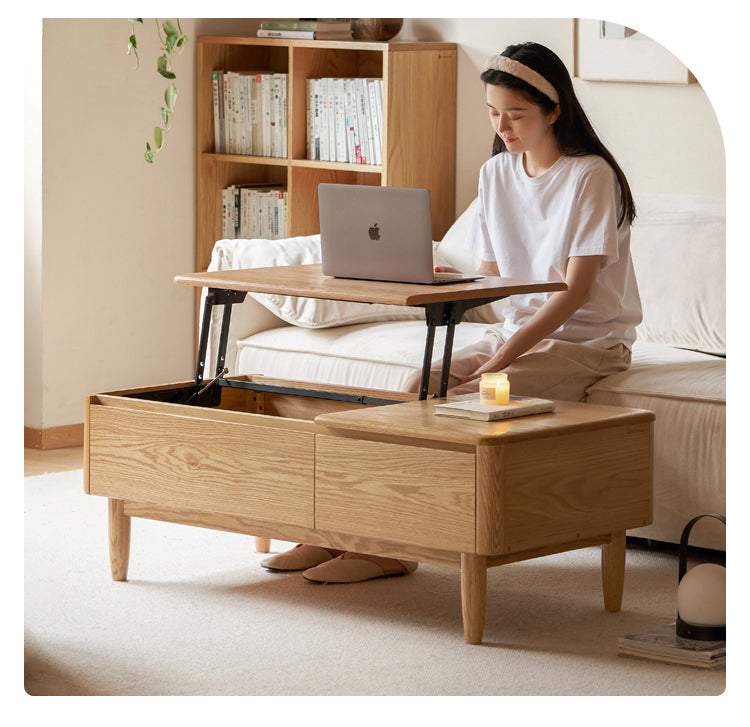 Solid Oak Wood Modern Lift-Top Coffee Table with Slate Surface - Perfect for Living Room, Home Office, and Small Spaces