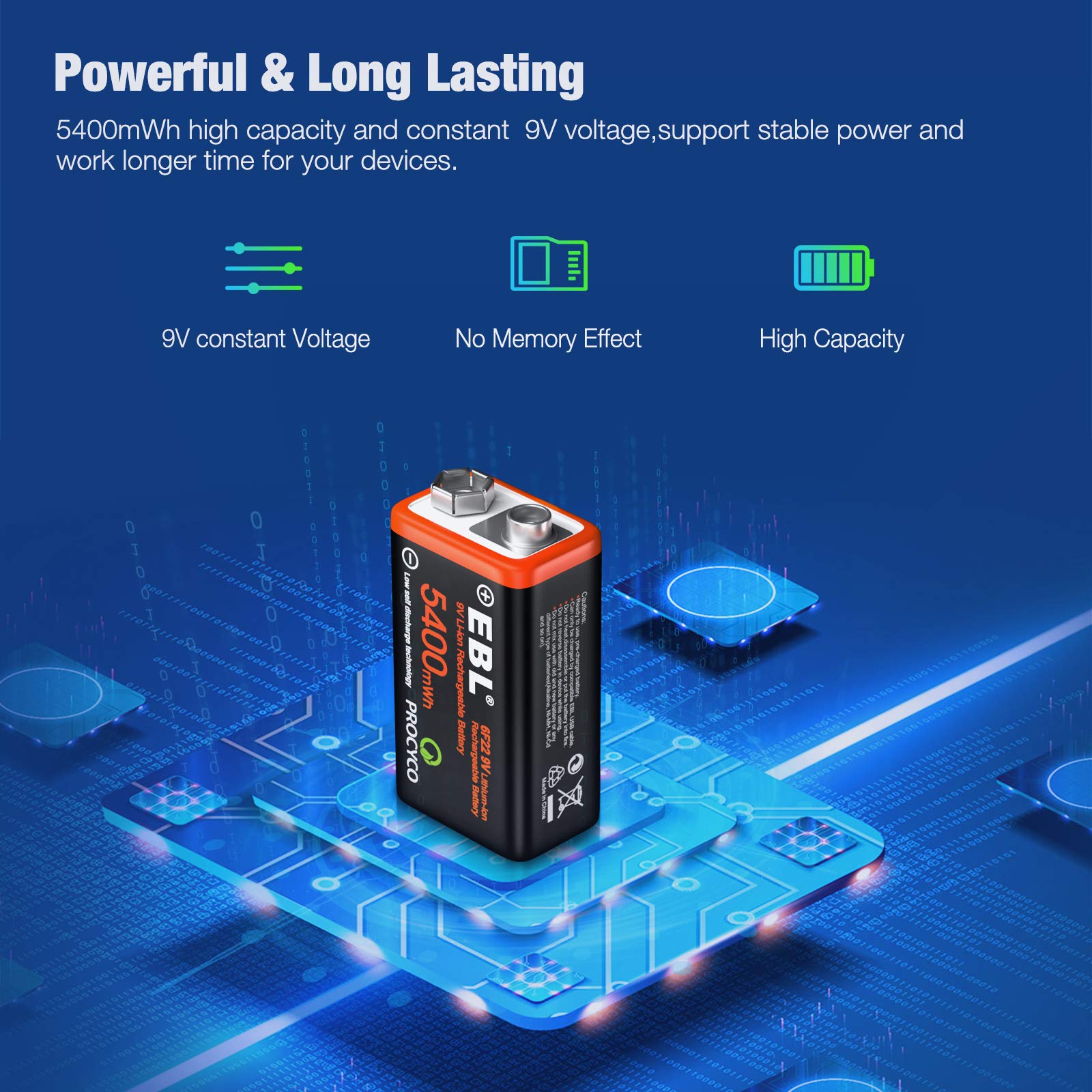 EBL USB Rechargeable 9V Lithium Ion Batteries (4 Pack) - 5400mWh High Capacity Long Lasting 9 Volt Batteries with Micro USB Charging Cable - Perfect for Guitar Pedals, Smoke Detectors, and Electronic Devices