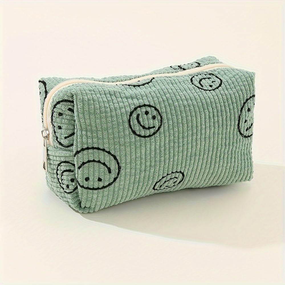 Street27® 2-Piece Corduroy Makeup Bag Set - Cute Smiley Face Cosmetic Pouch & Travel Toiletry Organizer for Women (25x18cm) | Perfect for Makeup Brushes Storage, Travel Essentials & Aesthetic Vanity Organization